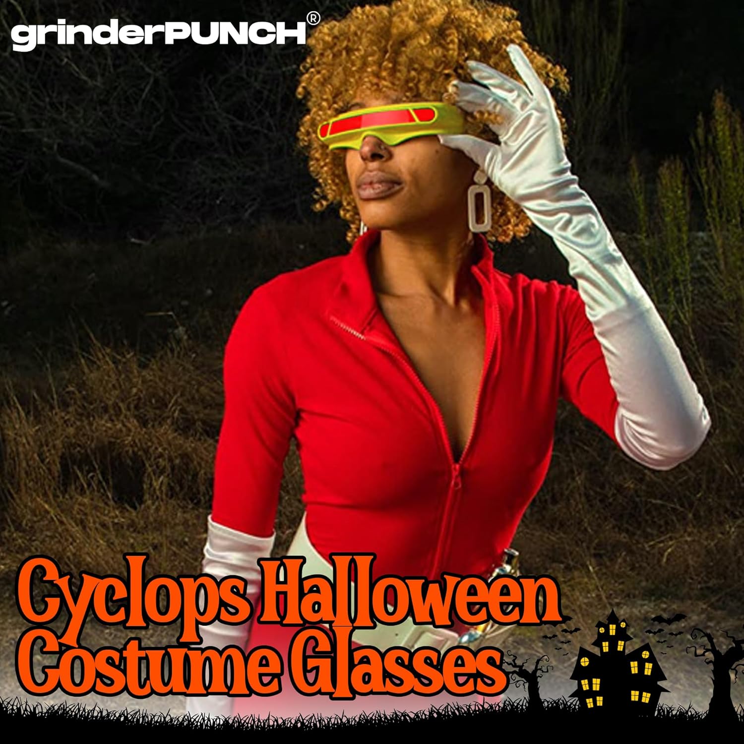 grinderPUNCH Futuristic Space Alien Costume Sunglasses Cyclops Shield Party Mirror Mono Lens 2 Pack (Yellow - Red Lens) - Image 3