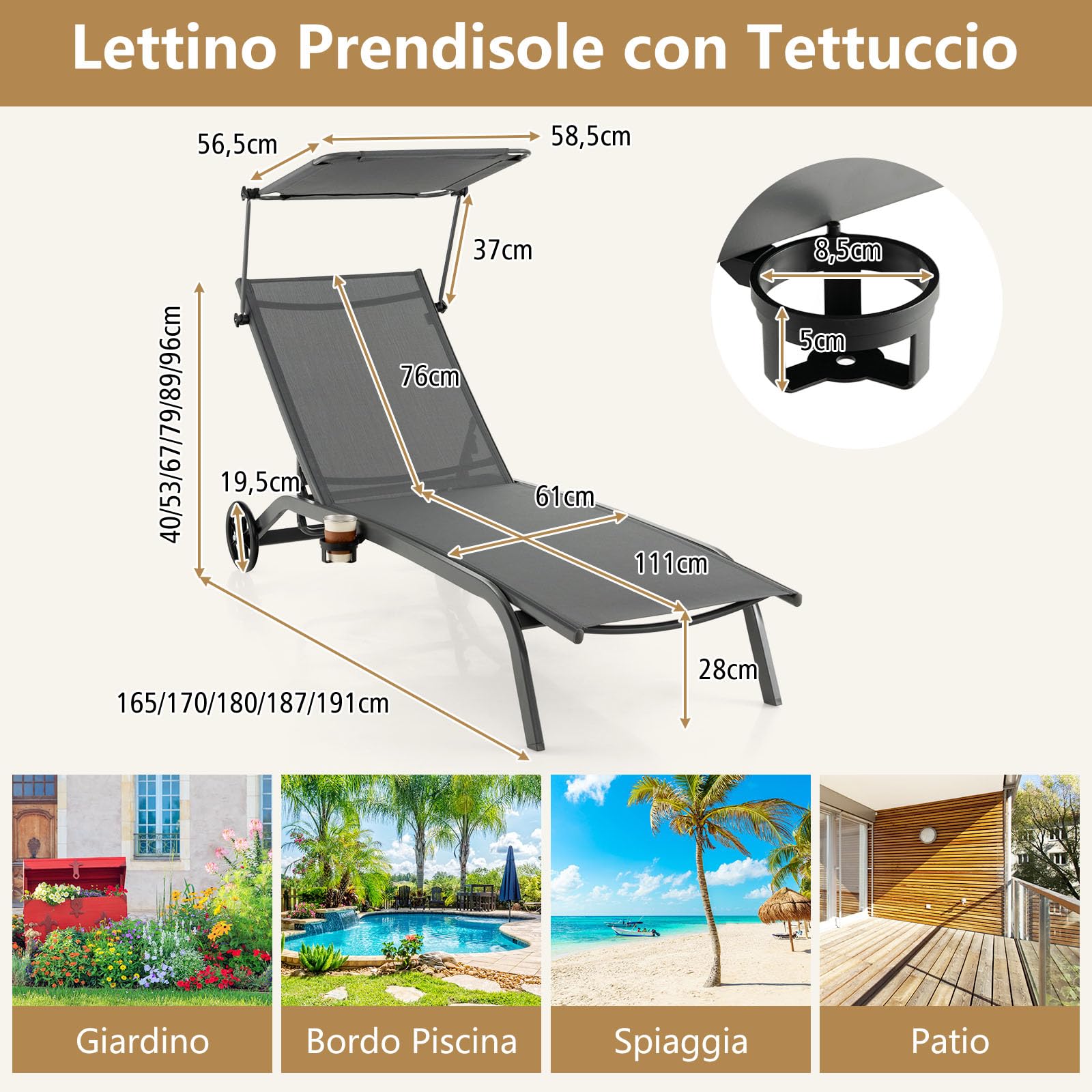 GYMAX Lettino Prendisole da Giardino, Sedia a Sdraio con Schienale Regolabile e Protezione Solare, Lettino da Giardino Salvaspazio con Ruote e Portabicchieri, Terrazza e Spiaggia (Grigio)
