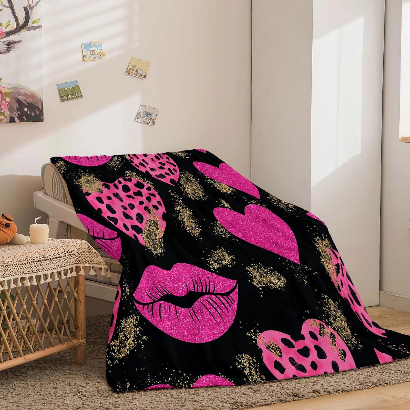 Colorato Coperta Sherpa Coperta in microfibra per divano Cuore labbra al neon Coperta in peluche stampata 200 x 220 cm Coperta autunnale ultra morbida e pelosa
