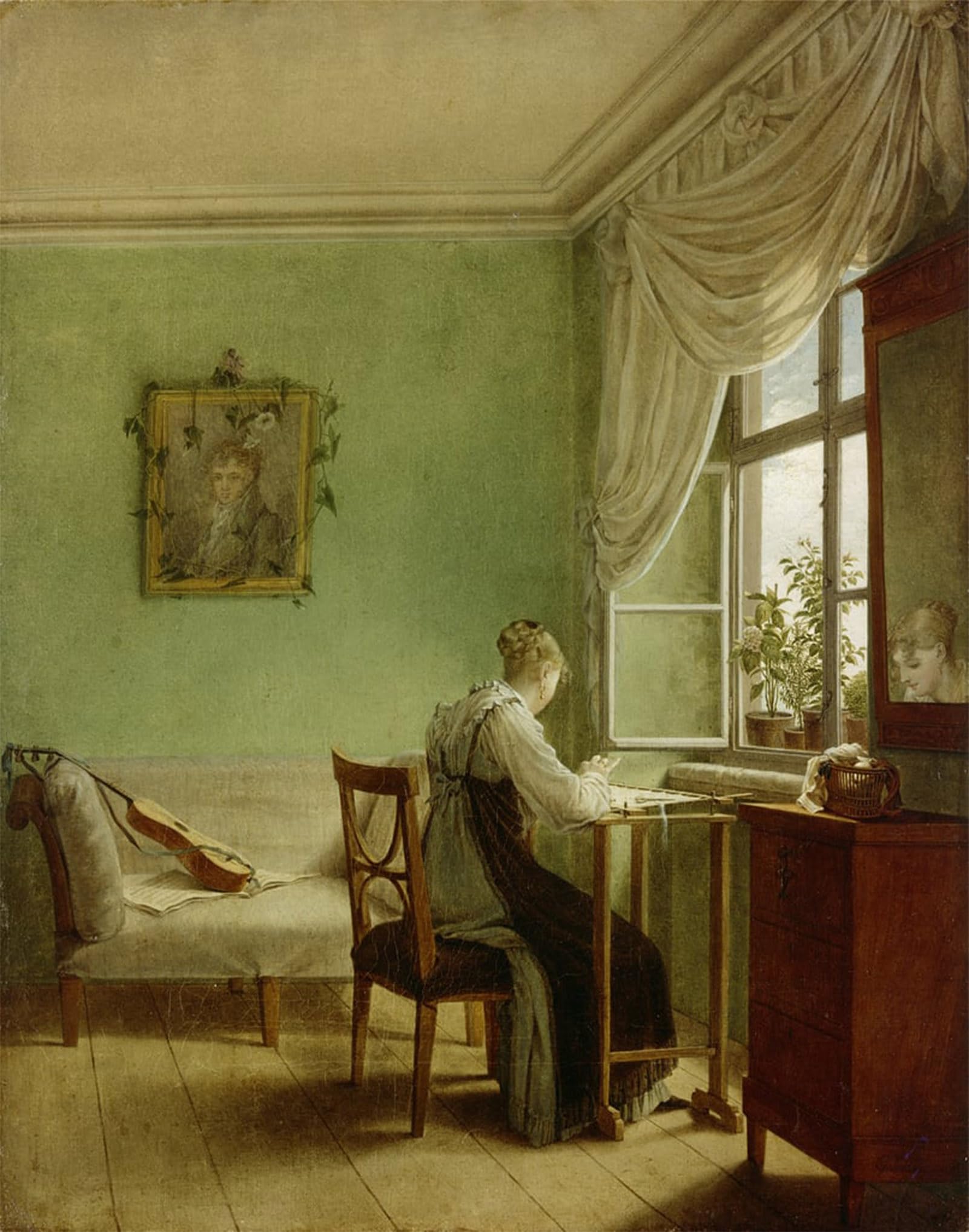 POSTERIIk Vintage Classic Picture Landscape Artwork Woman Embroidering by Georg Friedrich Kersting Portrait Canvas Painting for Office Home Decor 60x90cm