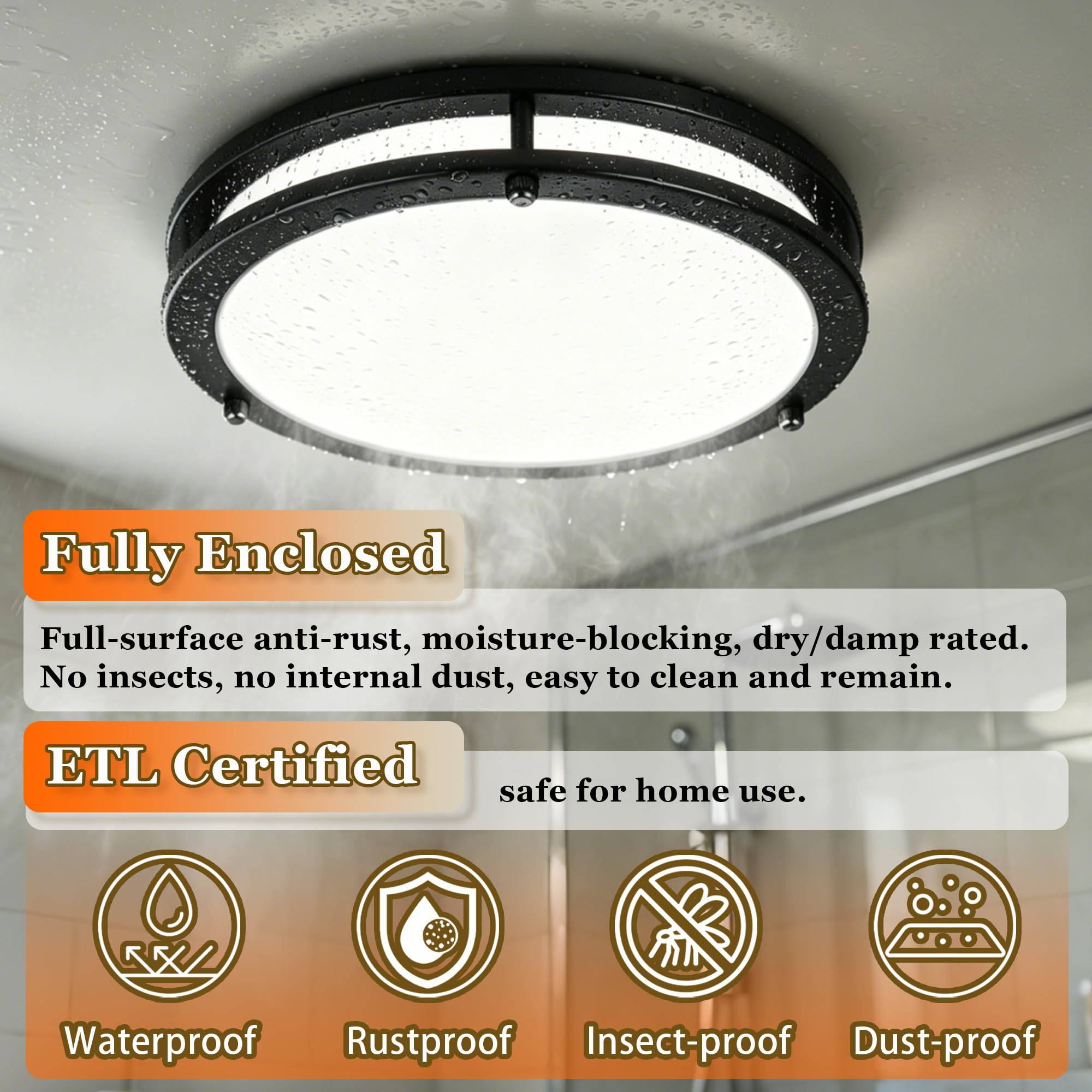 FishBelly Plafonnier LED Noir 30,5 cm pour Entrée, 2700K 3000K 3500K 4000K 5000K, Dimmable, Étanche, Plafonnier LED pour Salle de Bain, Cuisine, Entrée, Plafonnier Rond pour Couloir, 23W, 1400-1650LM
