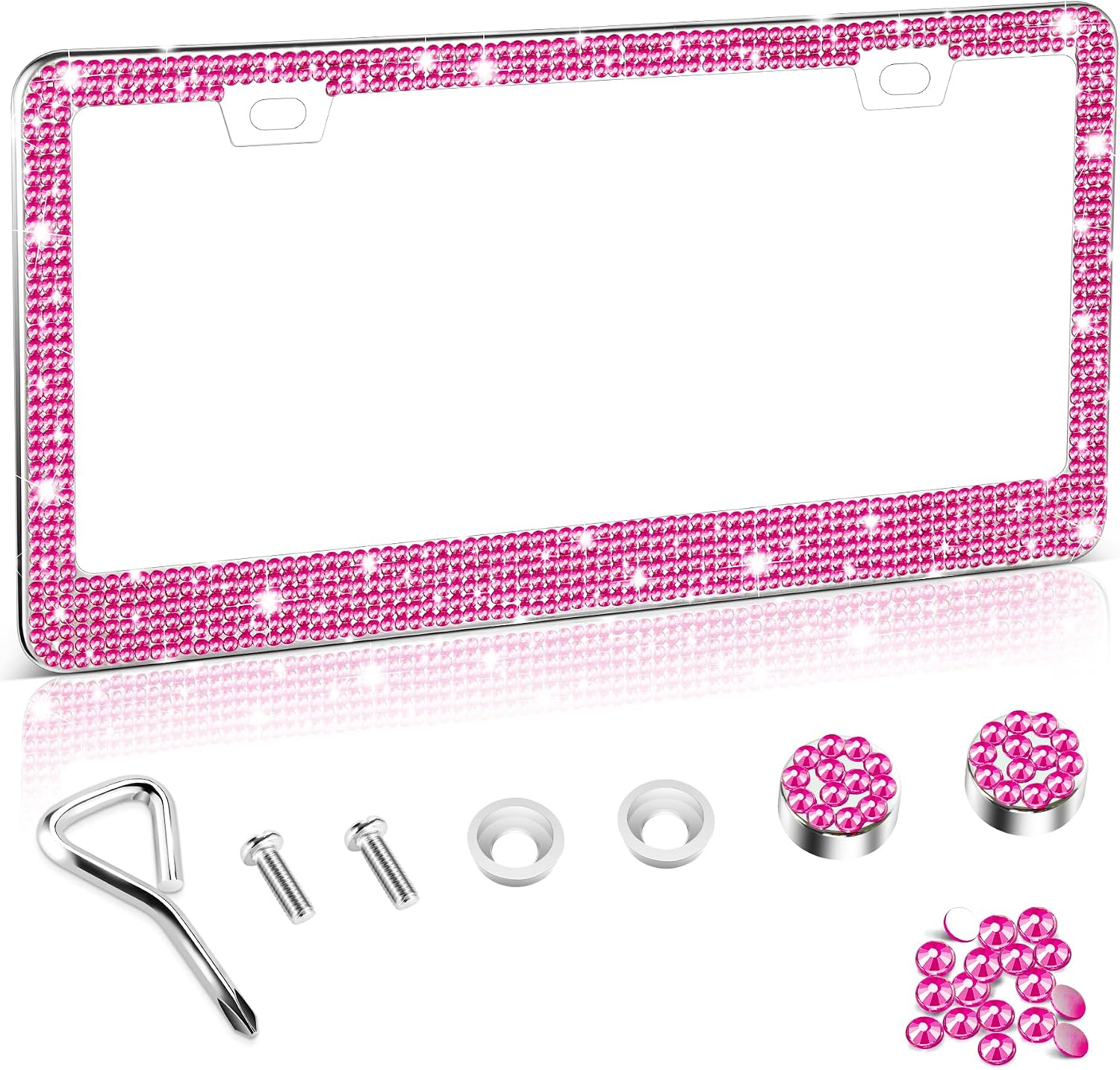 Amiss Bling License Plate Frame for Women, 1Pack Rhinestone Handcrafted Crystal Premium Stainless Steel, Stainless Steel Car Decorative Accessories with Diamond Sparkle Glitter Caps (Hot Pink)