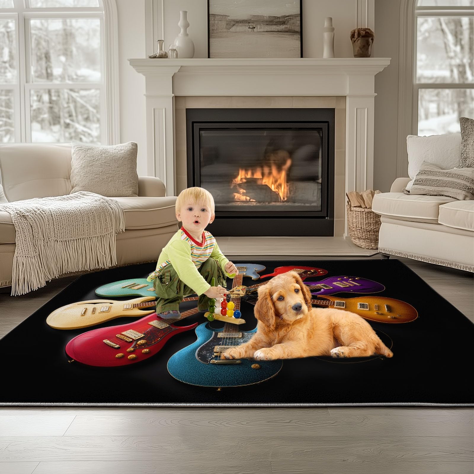 Tapis Poils Courts 120 x 170 cm, Musique Surréaliste Numérique GuitareTapis de Salon Doux Idéal Antidérapant et Lavable en Machine, Noir Antifouling Moquette pour Les Chambre et Les Couloirs