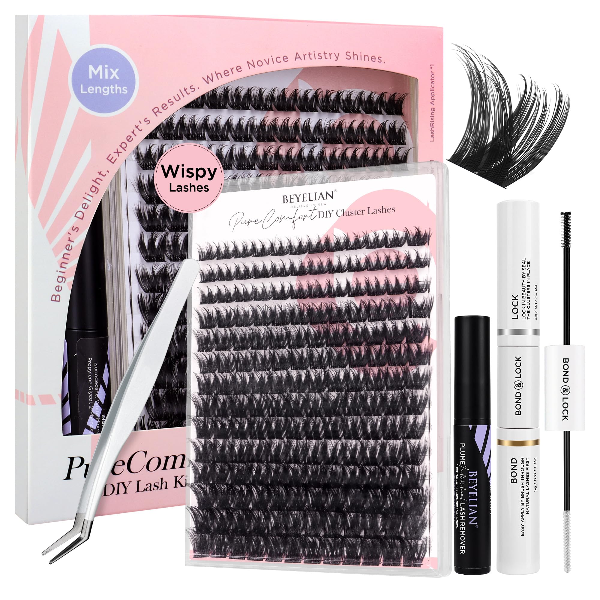 BEYELIAN Lashes Clusters Kit, Lash Extension Kit with Wispy Cluster Lashes, Lash Bond and Seal, Lash Remover, Lash Applicator