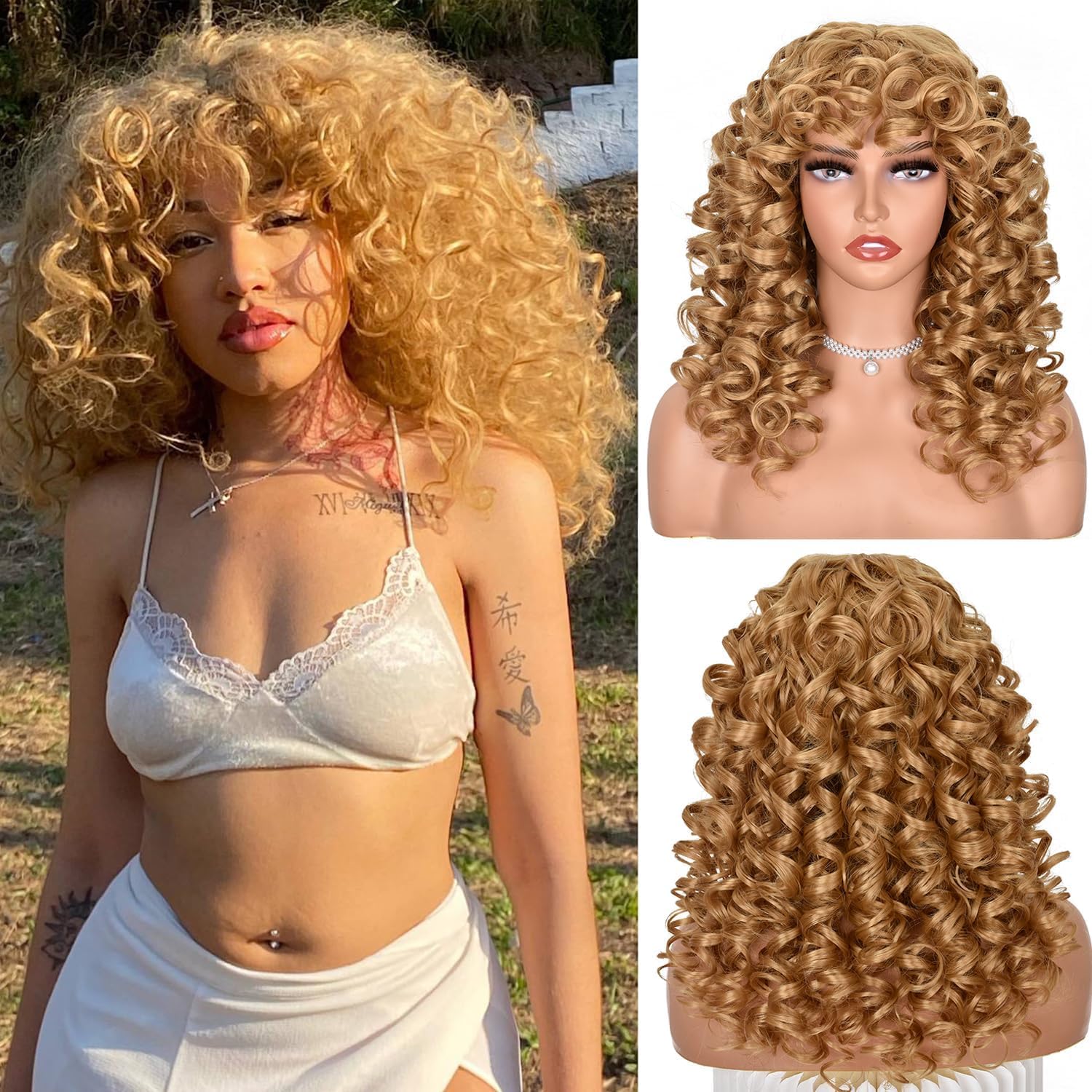Copper Curly Wigs for Black Women Long Curly Afro Wig with Bangs for Women Big Bouncy Fluffy Synthetic Fiber Glueless Hair for Cosplay and Daily (Blonde)
