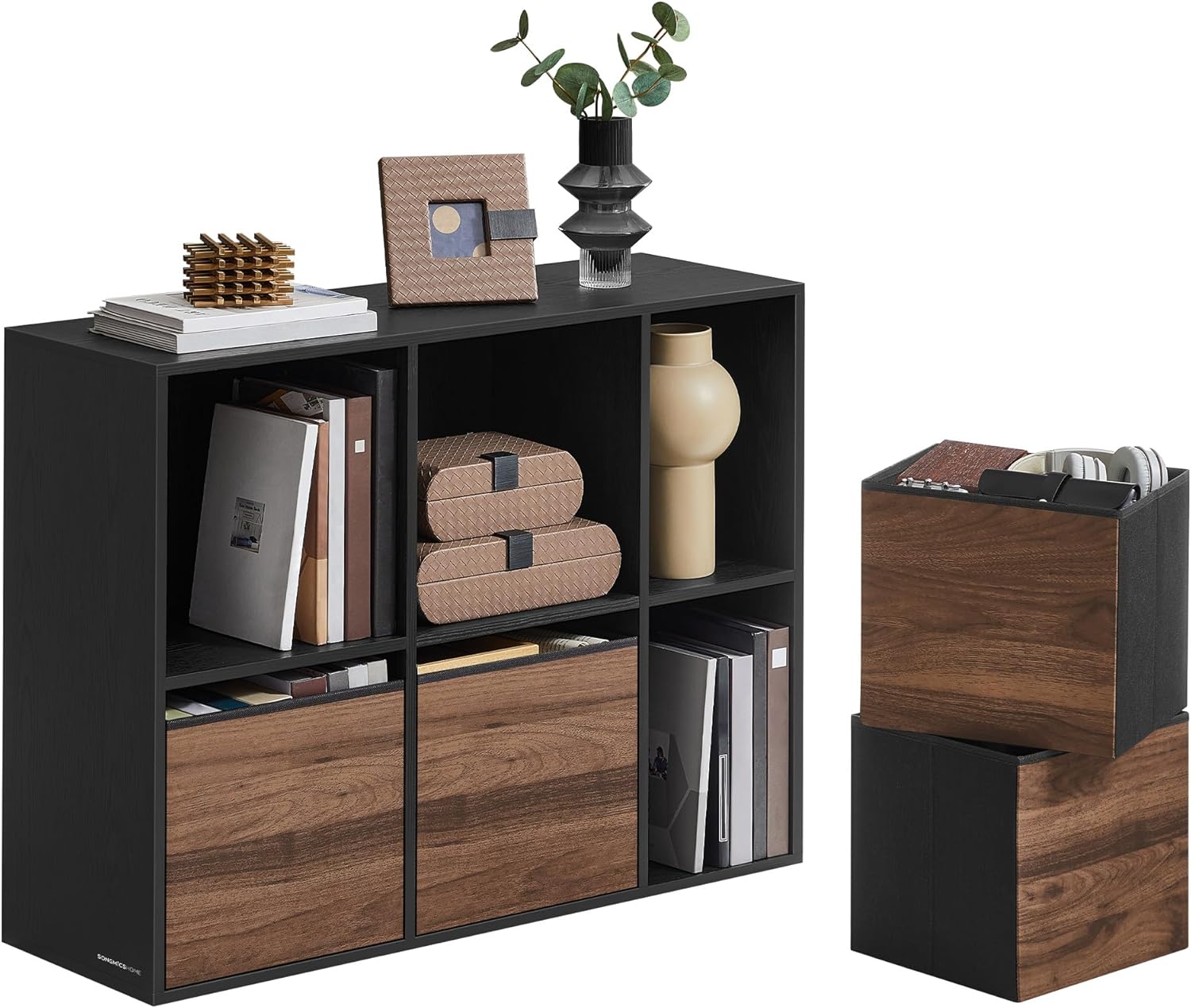 SONGMICS Home Bookshelf, Superfast Toolless Assembly, Cube Storage Organizer with 6 Compartments, Bookcase, 4 Fabric Drawers, 10.6 x 32.7 x 24.3 Inches, Natural Walnut and Ebony Black ULBC196B01
