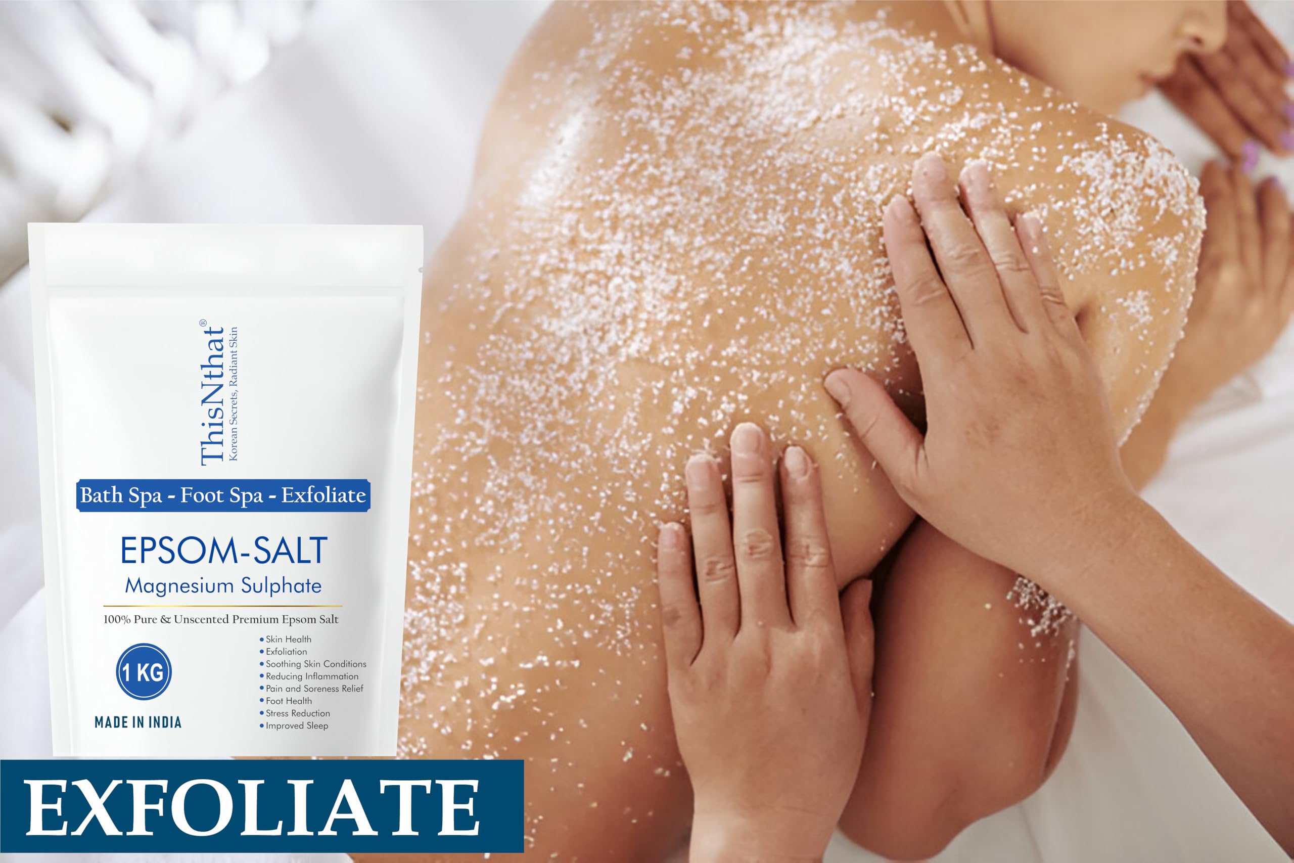ThisNthat Korean Secrets, Radiant Skin Epsom Bath Salt – Pure Magnesium Sulfate Crystals – Muscle Relaxation, Stress Relief & Detox – Unscented Bath Soak 1 kg. 1