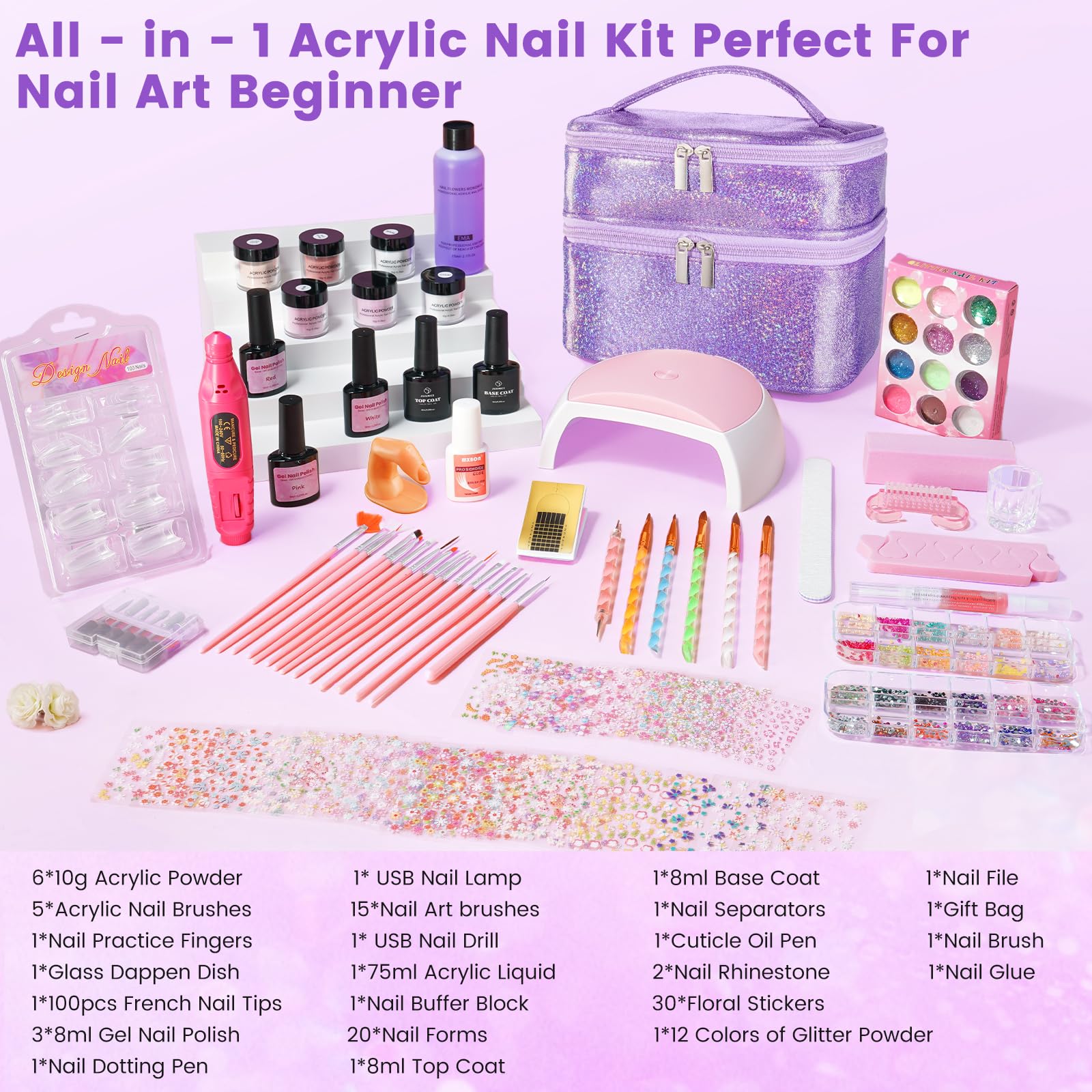 Deciniee Kit per unghie in acrilico: set in polvere acrilica con lampada UV, trapano elettrico per unghie, punte finte, 6 colori polvere + gel monomero, set per nail art in confezione regalo viola, da