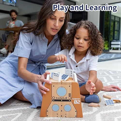 Miniatura 5 de Juego de tren de madera juguetes espaciales, juego de pistas de tren de madera, 39 piezas, estación espacial de tren base Mars Explore con cohete y