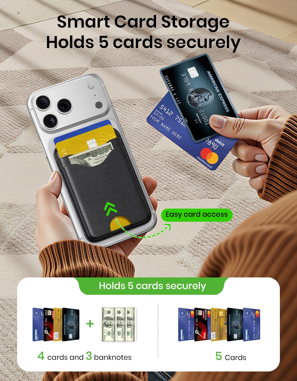 For MagSafe Wallet, 5-Card Holder with RFID Blocking, Vegan Leather Slim Magnetic Wallet, Bottom Card Ejection, for iPhone 17/16/15/14/13/12 Series, Not for Mini,Black — view 6