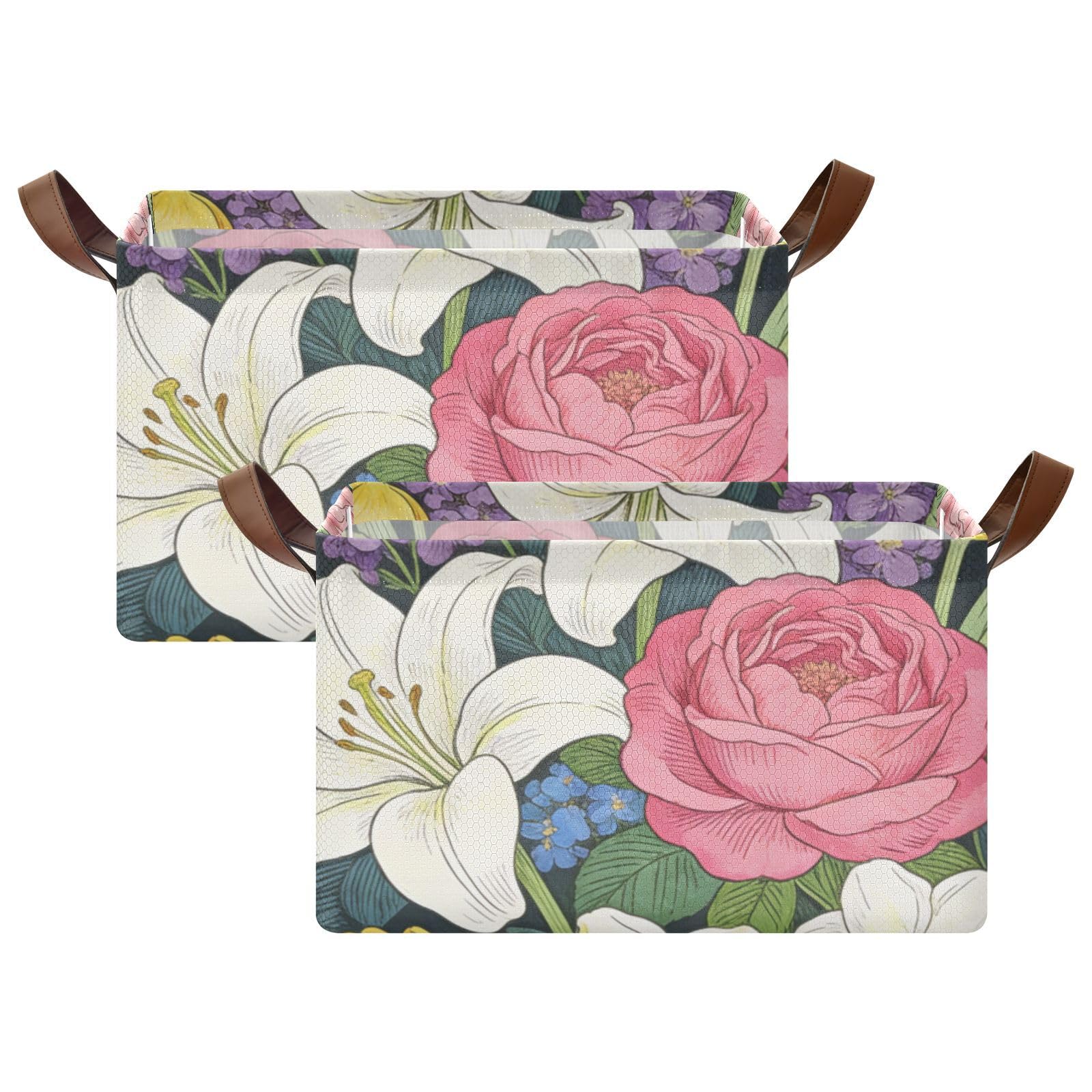 Cestas de almacenamiento rectangulares de lirio de rosas rosas, plegables, con asas, cubos de almacenamiento para juguetes, libros y ropa, sala de estar