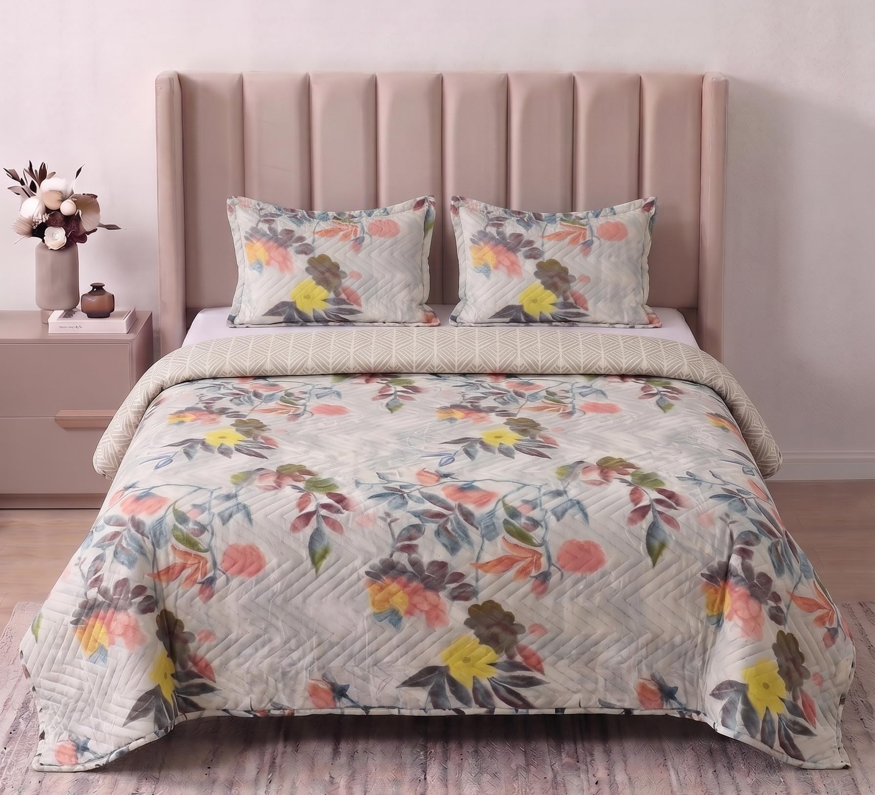 Furnistitchs Premium Microfiber Quilted Bedcover King Size Double Bed (90x100 Inches) | Luxury Bedspread & Heavy Sheet with 2 Pillow Covers | All-Season Comforter Blanket for Gifting - Grey Flowers-image-24