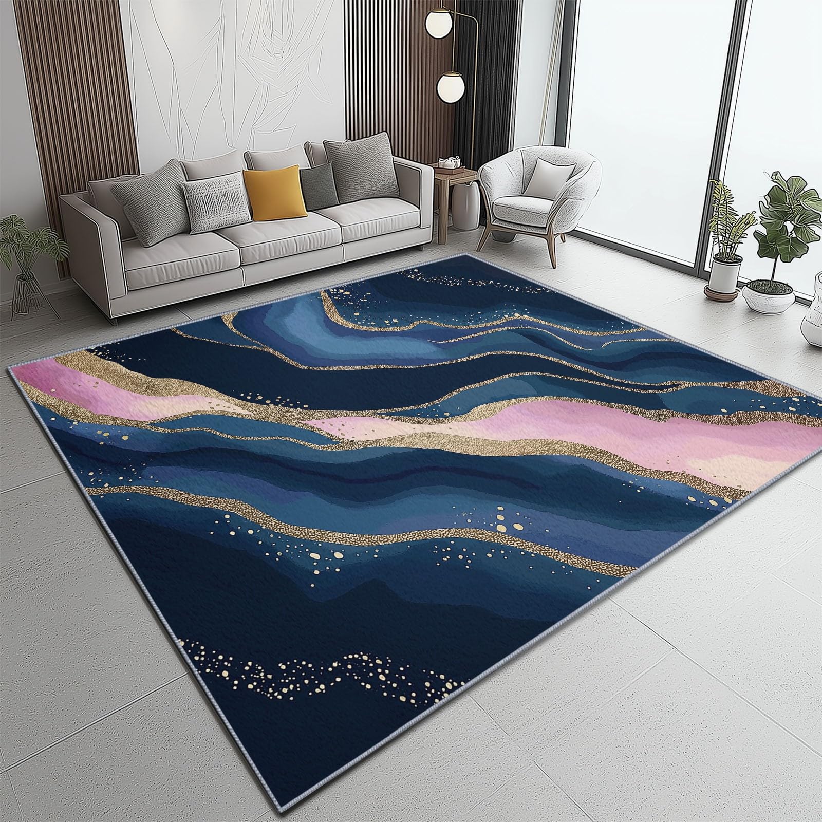 Tappeto 60 X 90 Cm Lusso Leggero Motivo Dorato Fluido, Tappeto In Flanella Pelo Corto Morbido – Lavabile In Lavatrice, Antiscivolo, Facile Da Pulire – Per Salotto, Camera Da Letto – Blu Rosa
