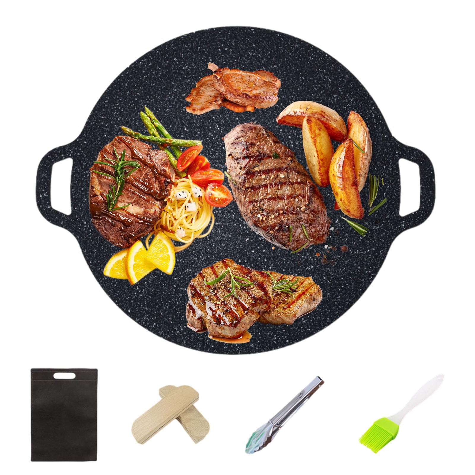 VAODO BBQ Grill Pan, Non-stick Aluminum Korean Frying Pan, with Wooden Handle, Oil Brush, Barbecue Tongs and Storage Bag, for Indoor Stovetop BBQ Outdoor Camping, 34cm, Black