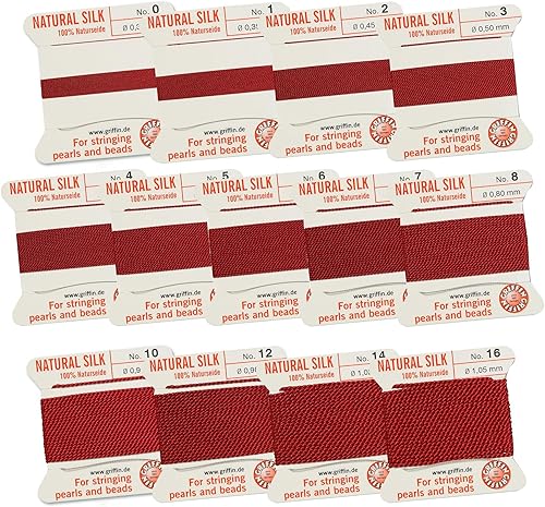 Griffin Cordón de cuentas de seda Perlseide Color granate Surtido de tamaños 0-52.5 6.6 ft por tarjeta Aguja de acero inoxidable adjunta para