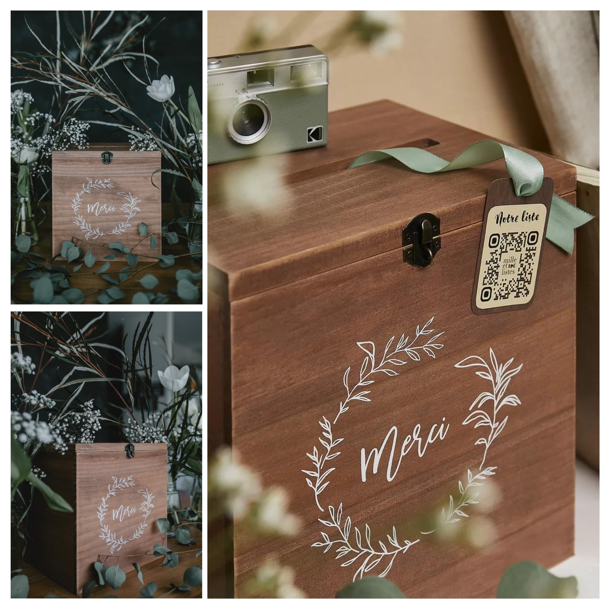 Boite en bois pour enveloppes - Boite avec cadenas - Caisse en bois | 25 x 25 x 20 CM | Urne mariage Cadeau - Urne anniversaire, bapteme, communion - Tirelire