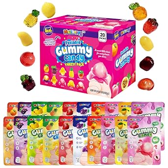 Peelable Gummy Candy 10 Fruit-shaped Flavors, Orange, Grape, Passion Fruit, Pineapple, Strawberry, Plum, Mango, Peach, Lemon, Lychee, 28.3 oz Box with 20 Bags Individually Wrapped Chewy Sweet Snack
