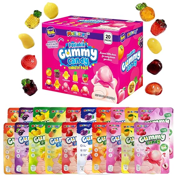 Peelable Gummy Candy 10 Fruit-shaped Flavors, Orange, Grape, Passion Fruit, Pineapple, Strawberry, Plum, Mango, Peach, Lemon, Lychee, 28.3 oz Box with 20 Bags Individually Wrapped Chewy Sweet Snack