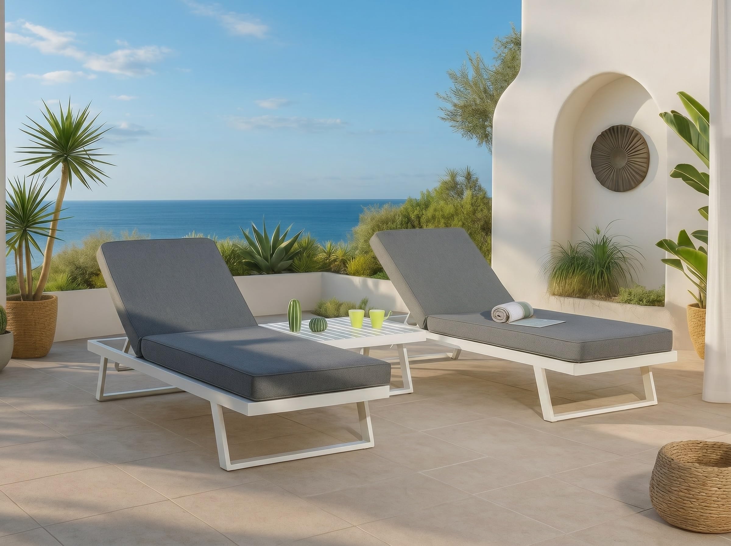 MOMMAHOME Conjunto Muebles de Jardín de exterior, Rinconera Convertible Multifunción Aluminio Blanco, Muebles para terraza/Exterior, Set de Aluminio con mesa de centro, Cojines tejido Gris | VALENCIA