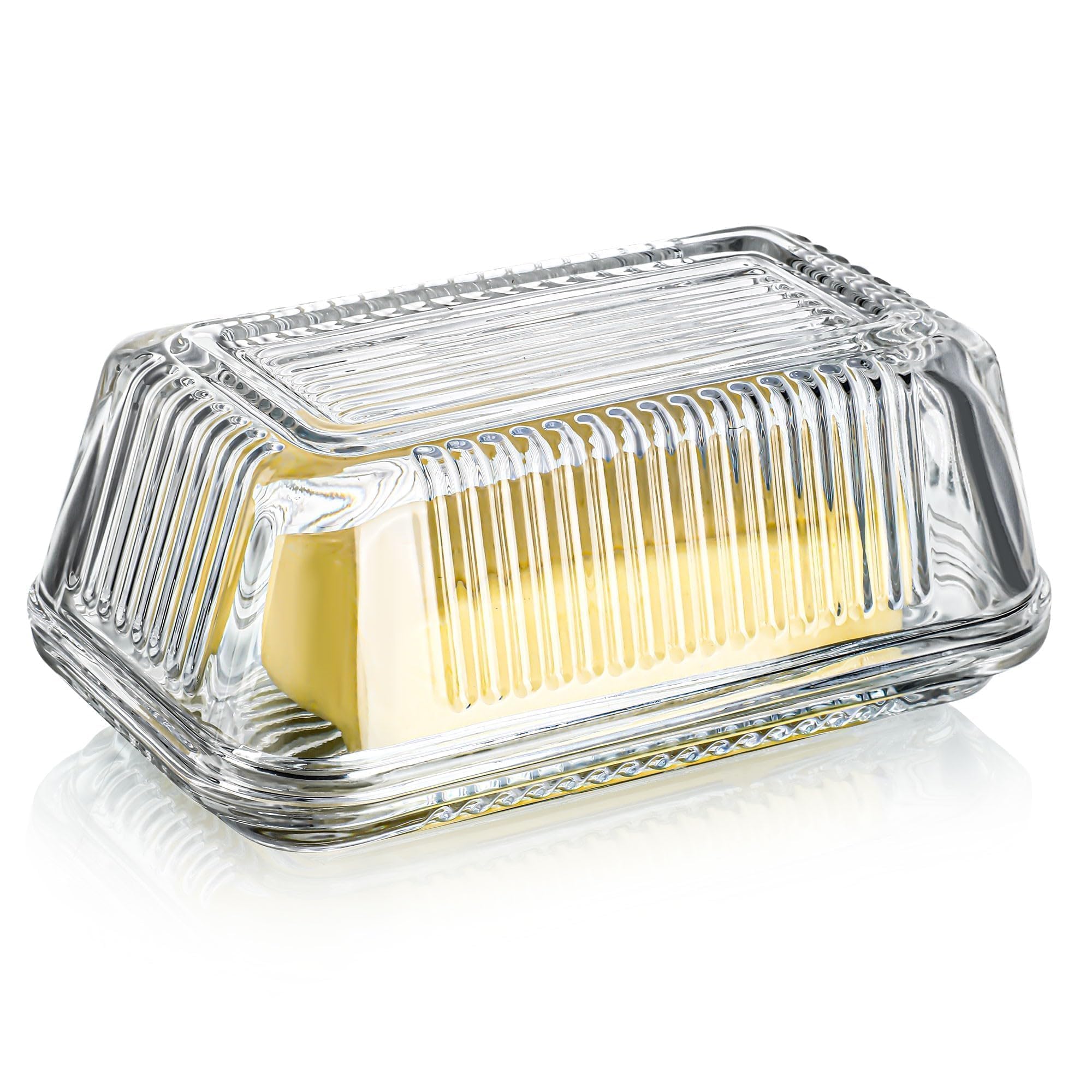 HDCRYSTALGIFTS 6.5 Inch Glass Butter Dish with Lid for Countertop, Crystal Butter Dish with Cover, Covered Butter Tray Crystal Covered Butter Dish Butter Keeper Holder Dishwasher Safe16.5x9.6x6.6 cm