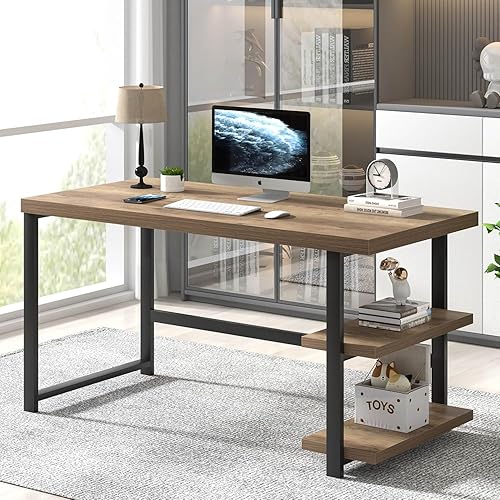 Miniatura 3 de FOLUBAN Escritorio para computadora, escritorio de oficina en casa de madera y metal con estantes de almacenamiento, pequeña mesa de escritura de