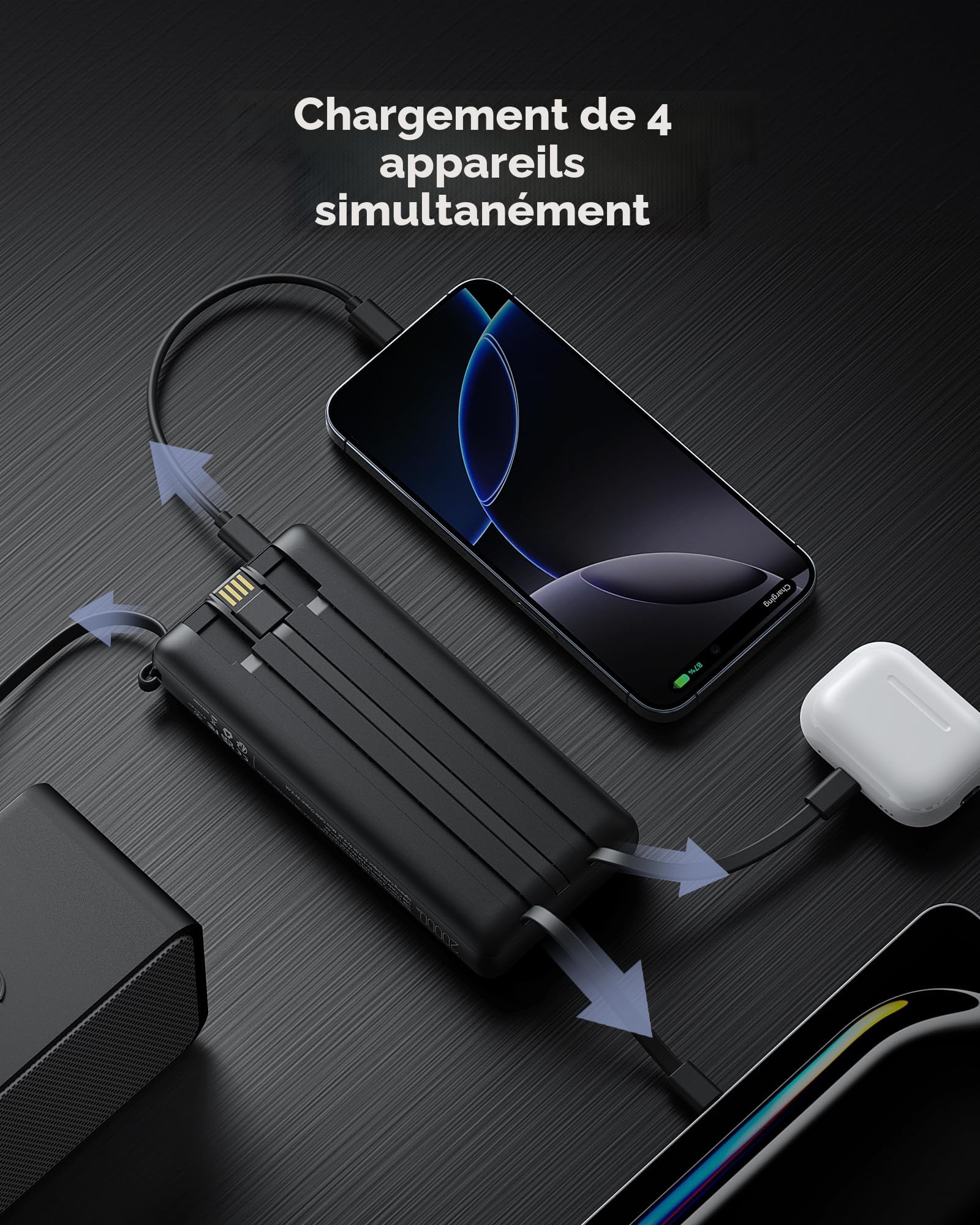 VRURC Batterie Externe 20000mAh QC 22.5W Power Bank Cable intégré, USB C Charge Rapide LED Chargeur Portable avec 4 Sorties et pour iPhone13/12/11/X/8, Samsung Huawei Xiaomi Tablet