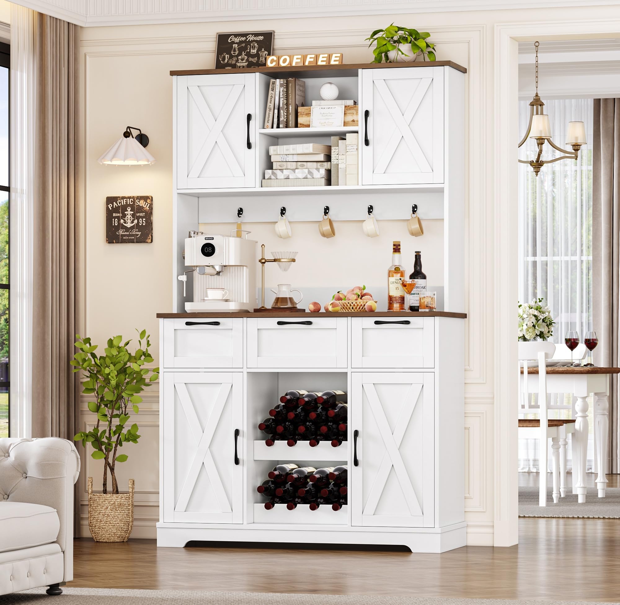 hifit 7234 large kitchen pantry storage cabinet with barn doors amp shelves amp drawers farmhouse tall kitchen hutch with bar cabinet and microwave stand cupboard wine rack for kitchen dining room white