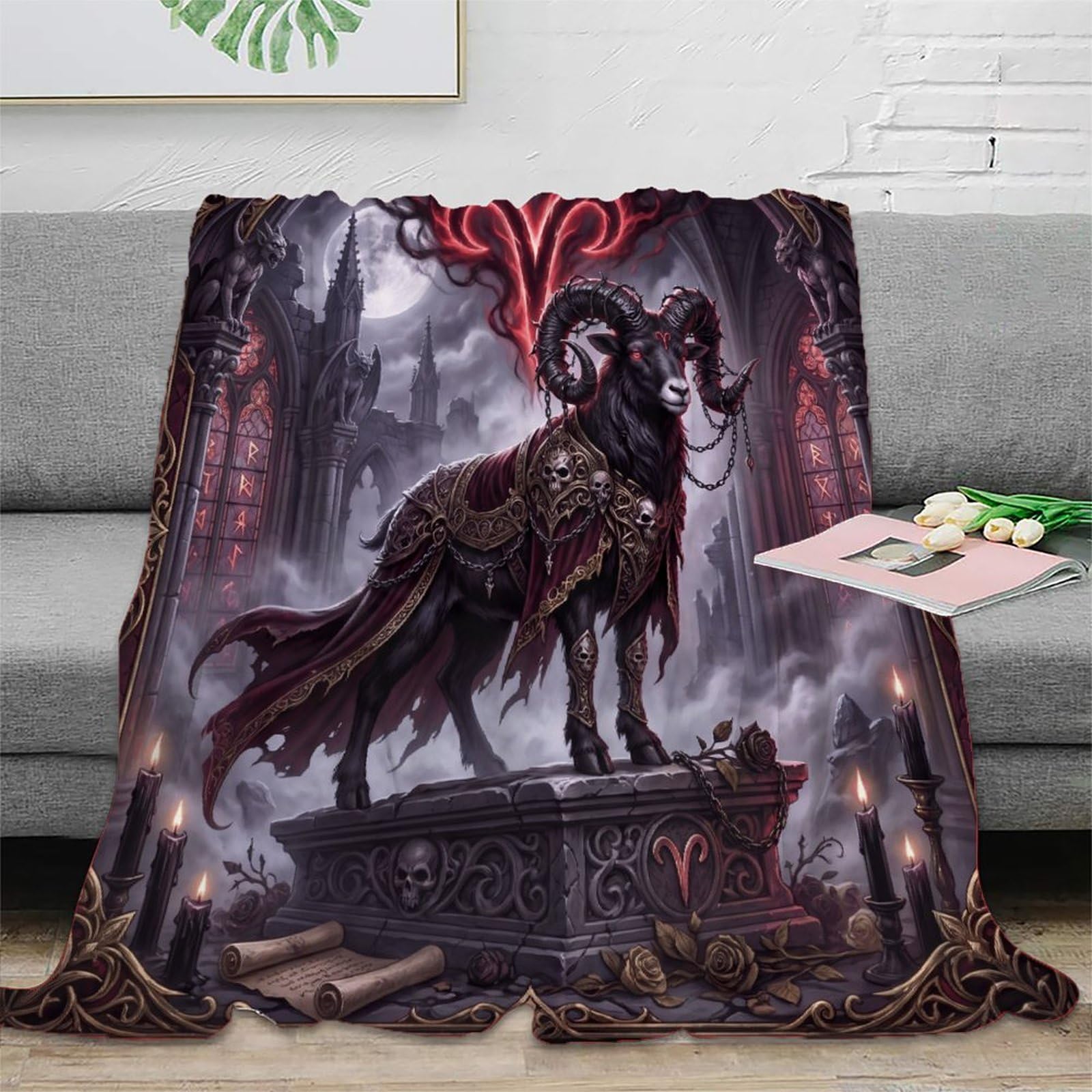 W7C8U2X3 Aries Zodiac Dark Gothic for Flannel Throw Blanket, Office Nap Use