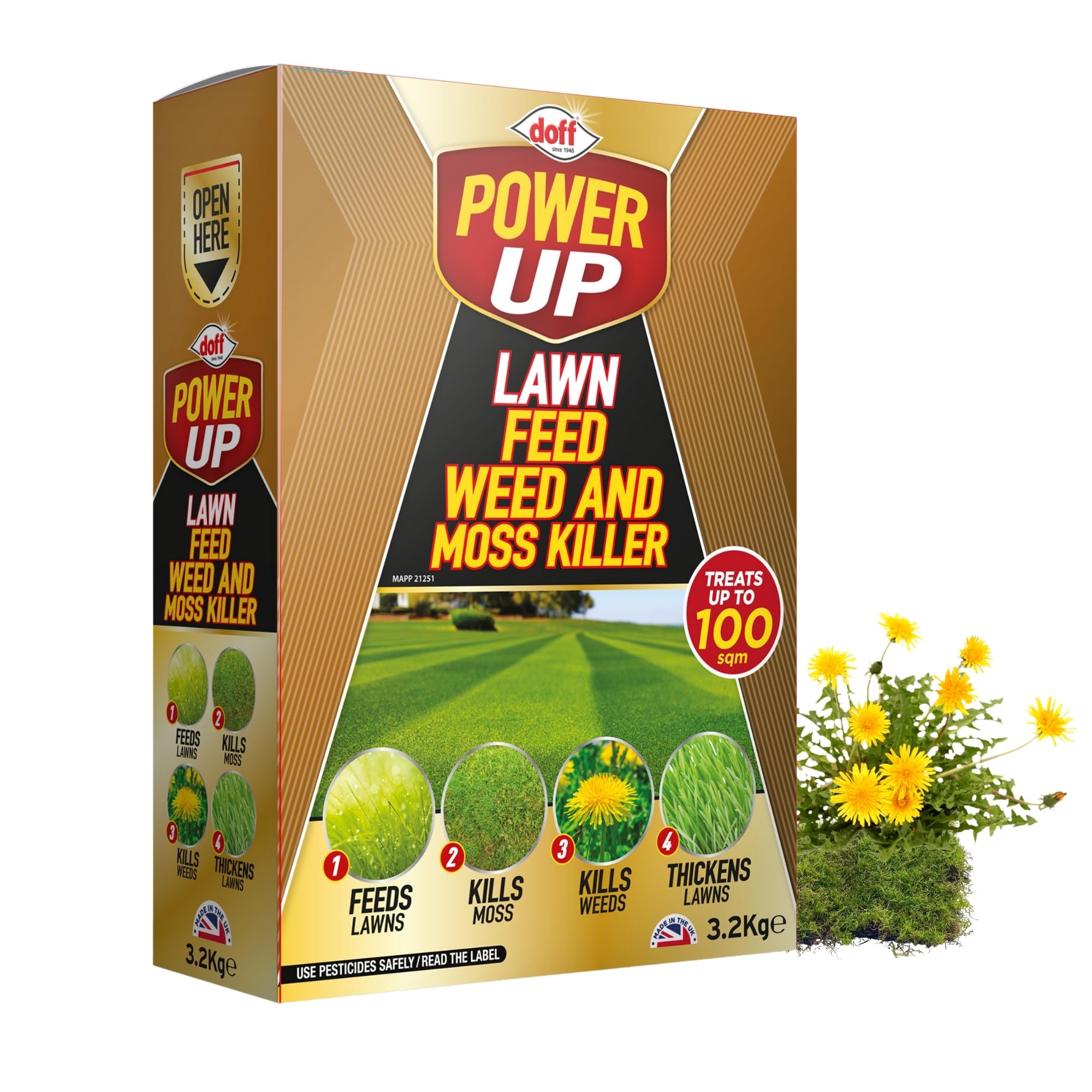 Doff Power Up Lawn Feed, Weed & Moss Killer | Triple Action Lawn Treatment | Feeds Grass, Kills Weeds & Moss | Treats Up to 100m² | Thickens Lawns | Fast-Acting Granular Lawn Care – 3.2kg