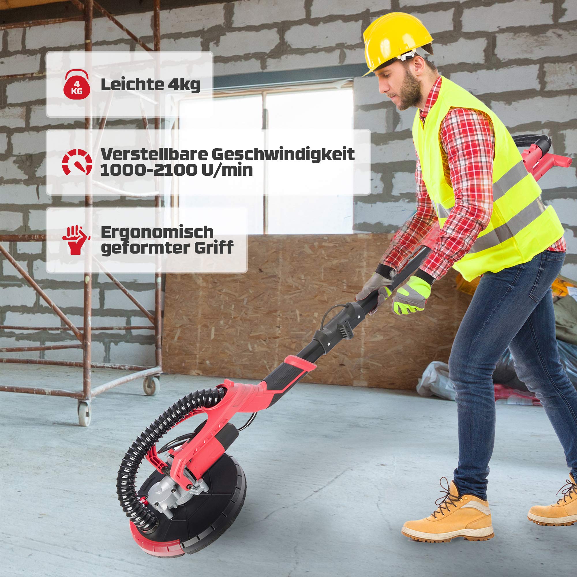 Arebos Trockenbauschleifer | Langhalsschleifer Ø225mm mit Teleskopstange & schwenkbarem Kopf | inkl. 6 oder 12 Schleifscheiben Premium für Wand- & Deckenschleifer