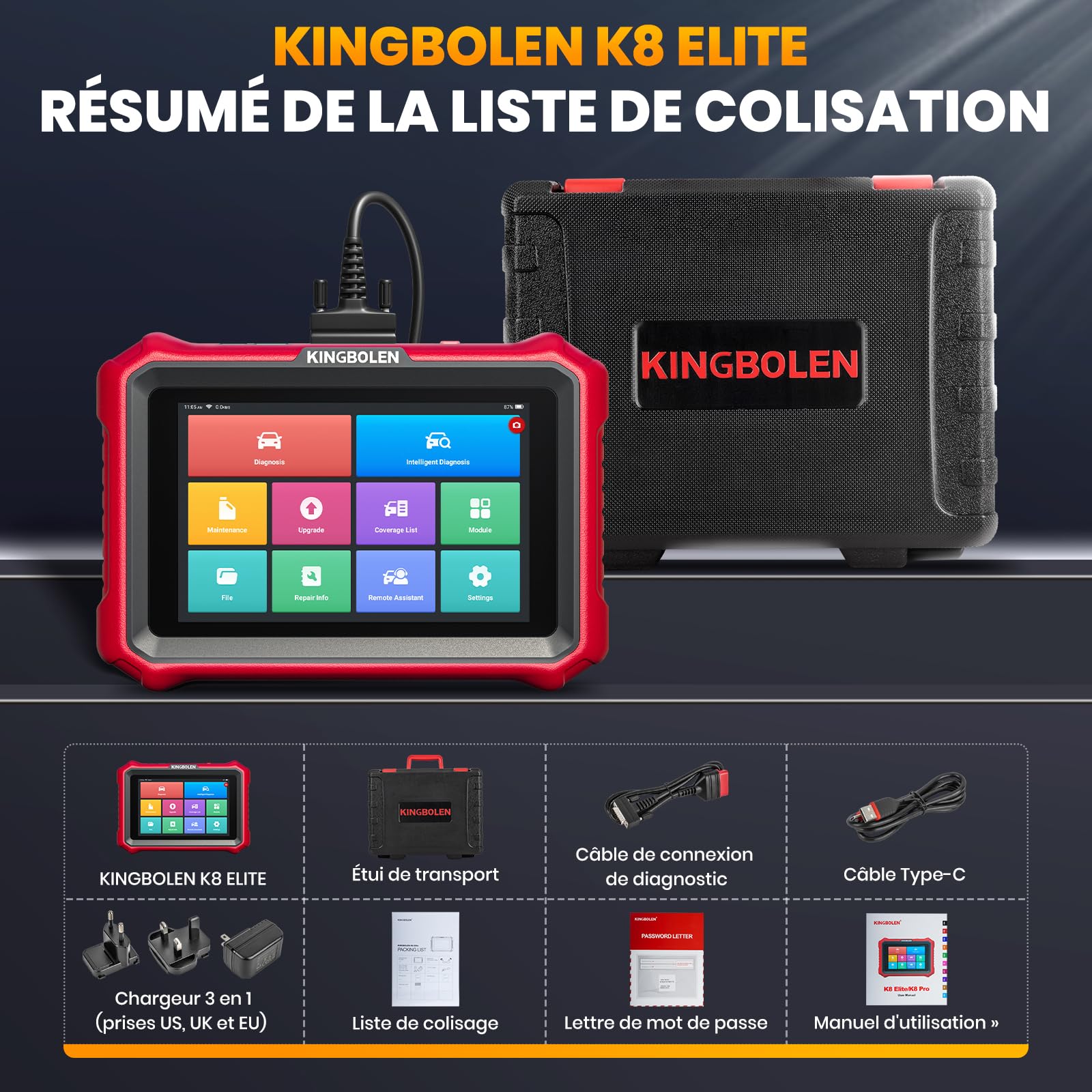 KINGBOLEN K8 Elite Valise Diagnostic Auto, OBD2 Diagnostic Français pour système Complet avec 42+ Réinitialisations, Codes ECU, Contrôle Bidirectionnel, CANFD＆DOIP, Mise à Jour Gratuite à Vie