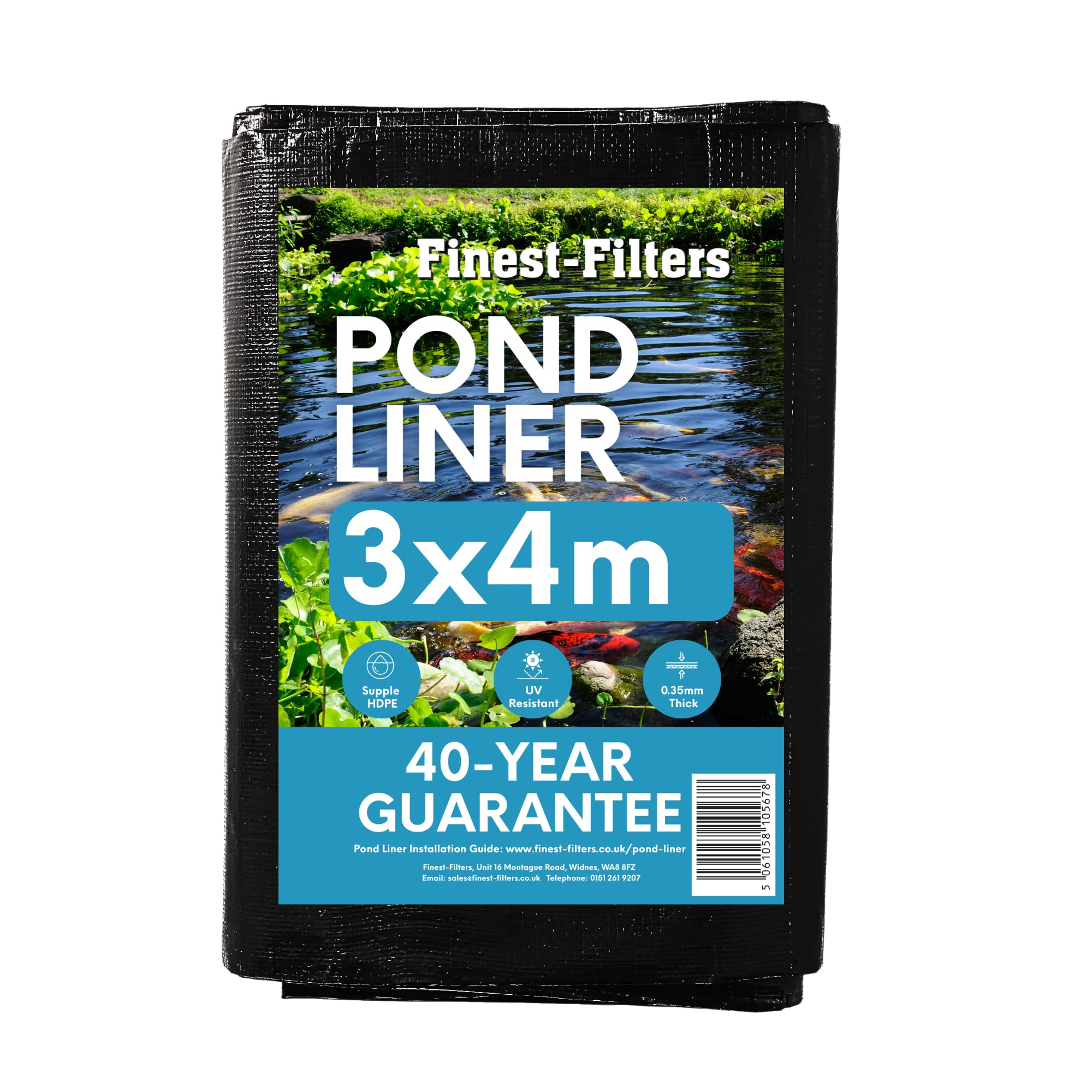 Finest-Filters 0.35mm HDPE Pond Liner & Underlay Options. 40-Yr Guarantee, UV & Tear-Resistant Waterproof Sheet for Garden & Koi Ponds (2x2m-9x12m) (3m x 4m, Pond Liner Only)