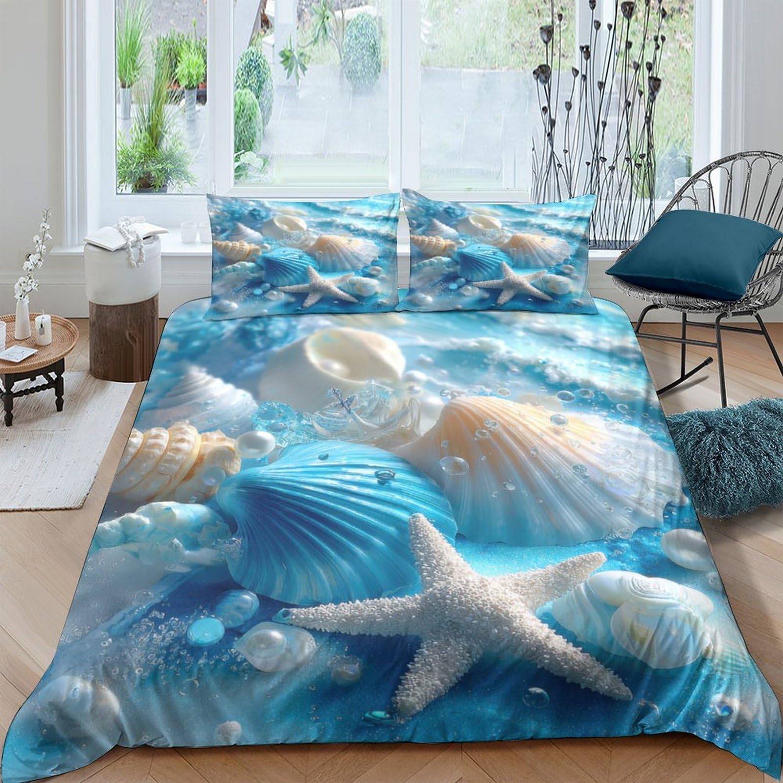 GPLZQXKJNH 3D Printed Ocean Shells Duvet Cover Microfiber Soft Breathable Starfish Bedding Set with 2 Pillowcases for Bedroom Home Decor Single（135x200cm）