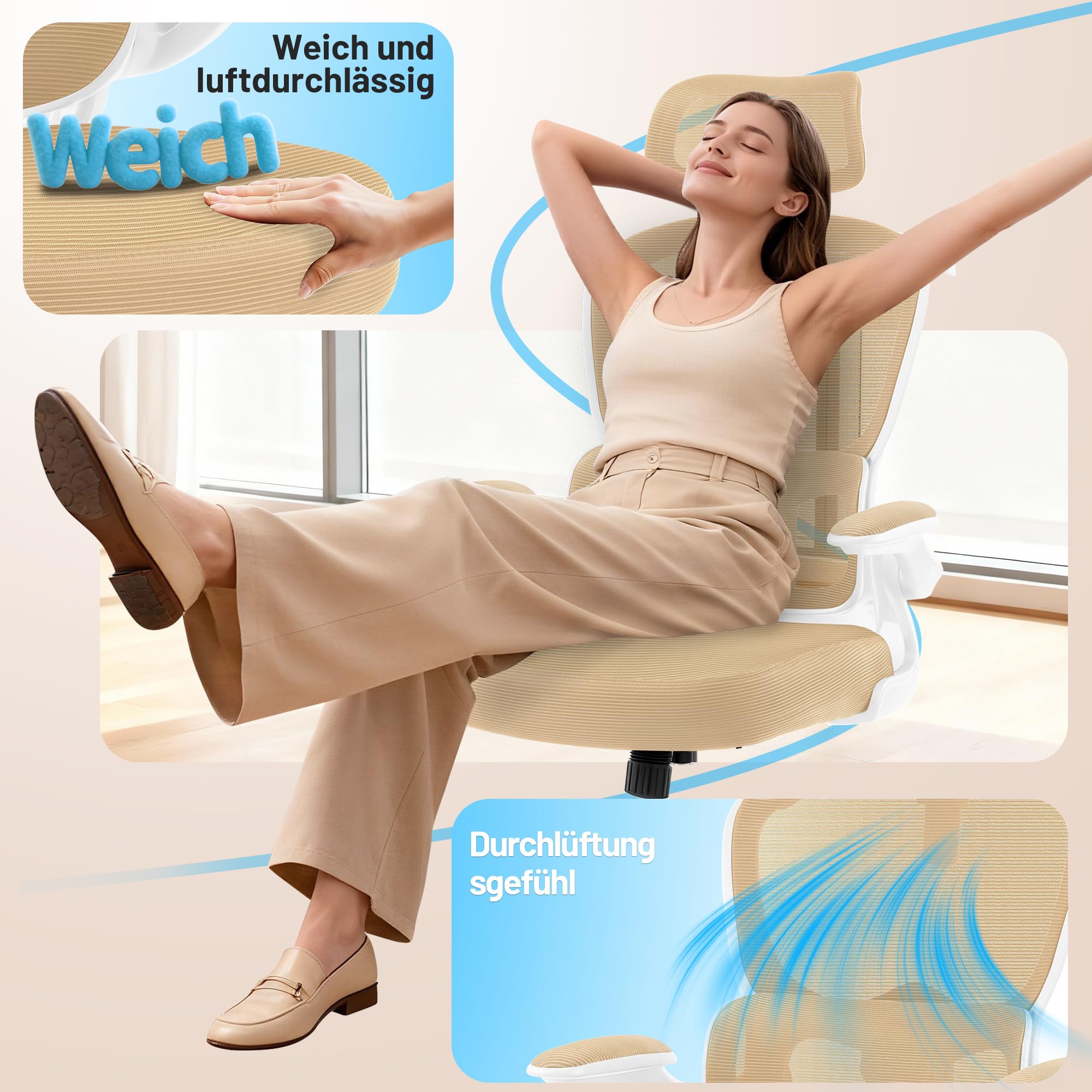 Ergonomischer Bürostuhl mit Kopf- & Lendenstütze, Khaki | belastbar bis 150 kg , Atmungsaktive Netzbespannung, höhenverstellbarer Drehstuhl mit Rollen, für Büro & Homeoffice