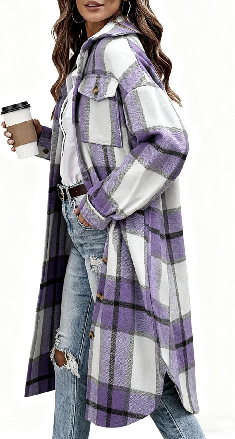 UANEO Plaid Coat Women Button Down Long Plaid Jacket Fall Flannel Trench Coat