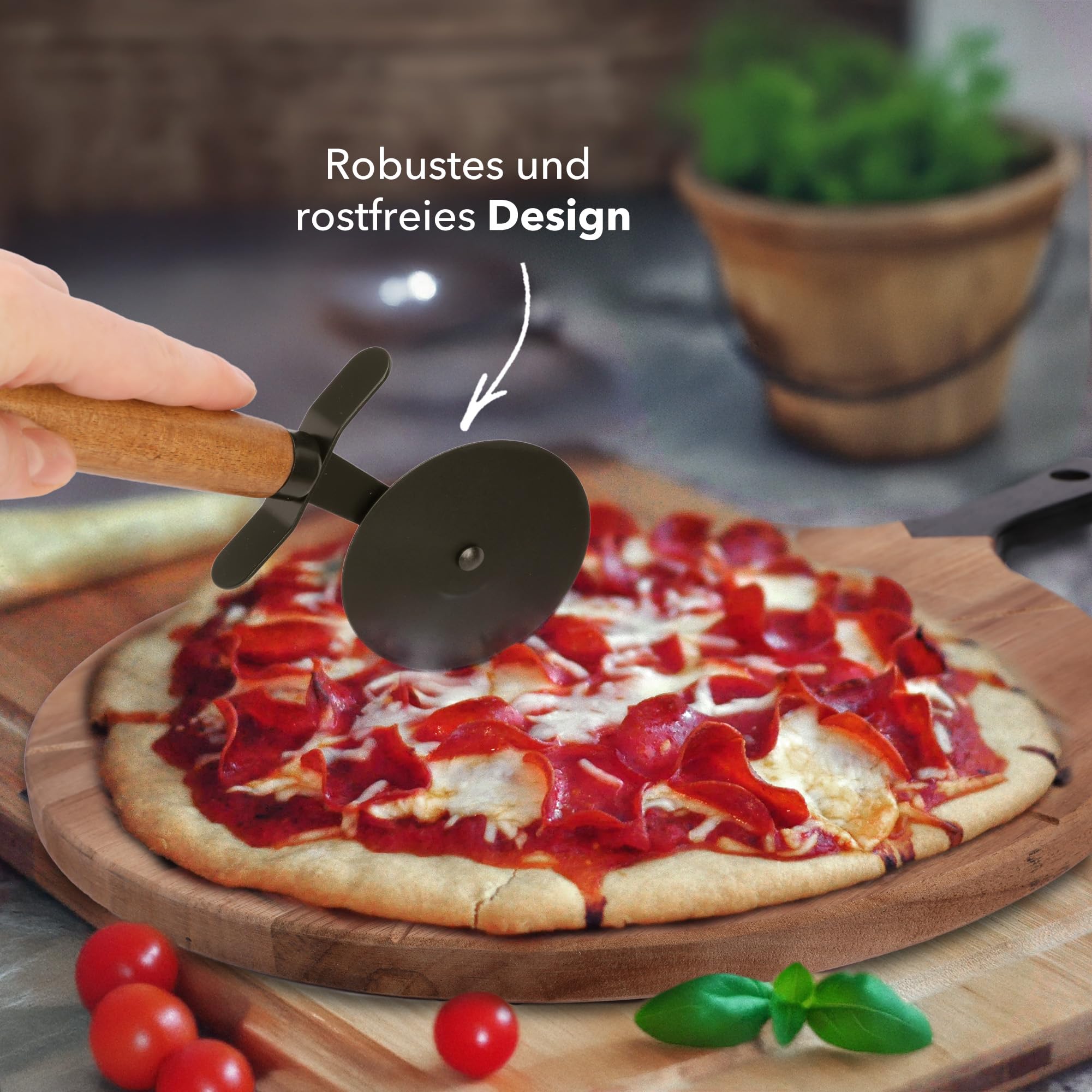 Pizza Set – Schneidebrett aus Holz (Akazienholz) mit Griff und Führungsrillen + Pizzaroller – 30 cm Durchmesser - Pizzateller groß, Servierplatte & Holz Schneidebrett in Einem