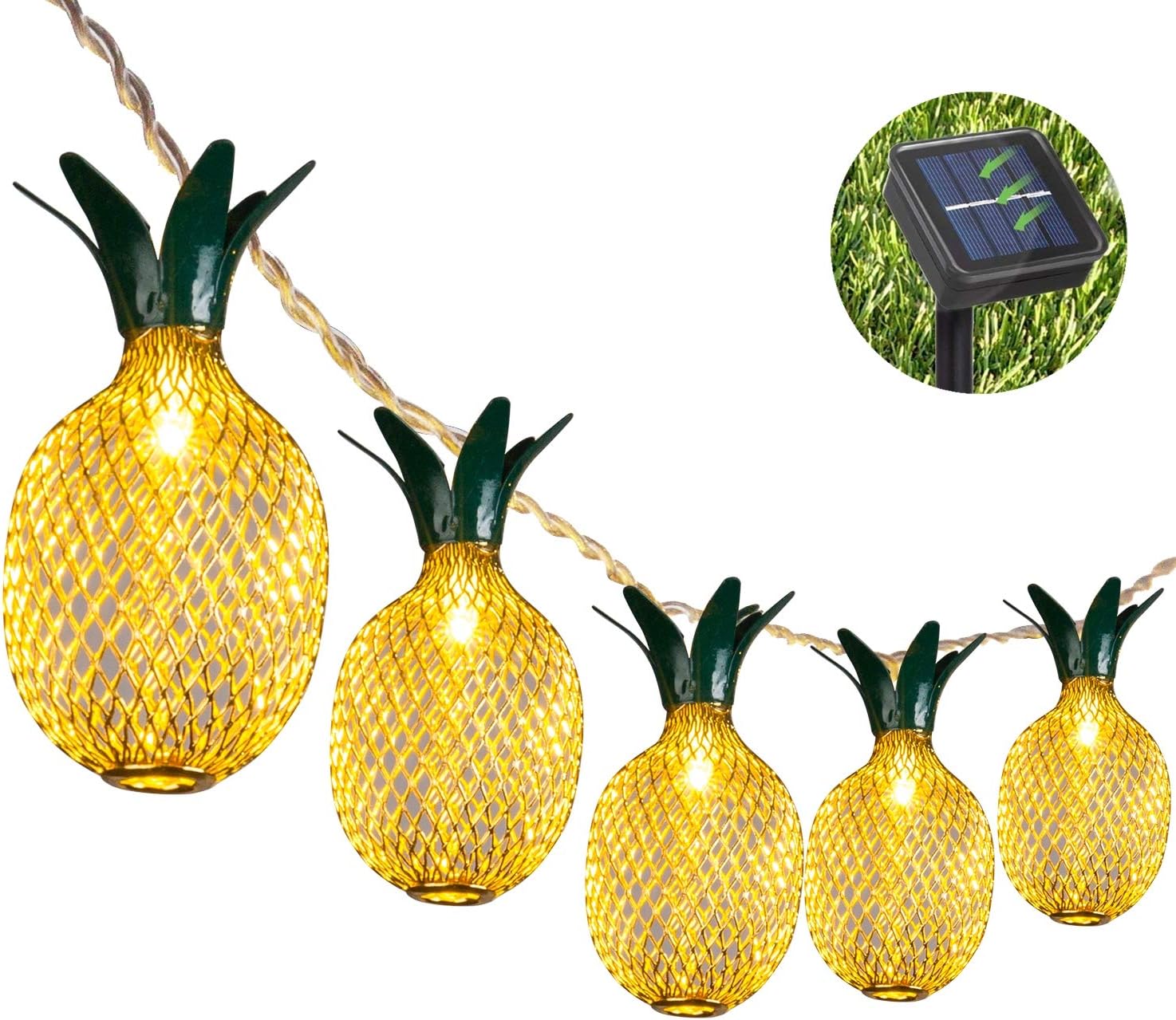 Pineapple Solar String Lights, 15ft 20 LEDs Fairy String Lights Waterproof Solar Powered Hanging lights for Outdoor Garden Patio Landscape Home Wedding Birthday Party Decoration (Warm White)