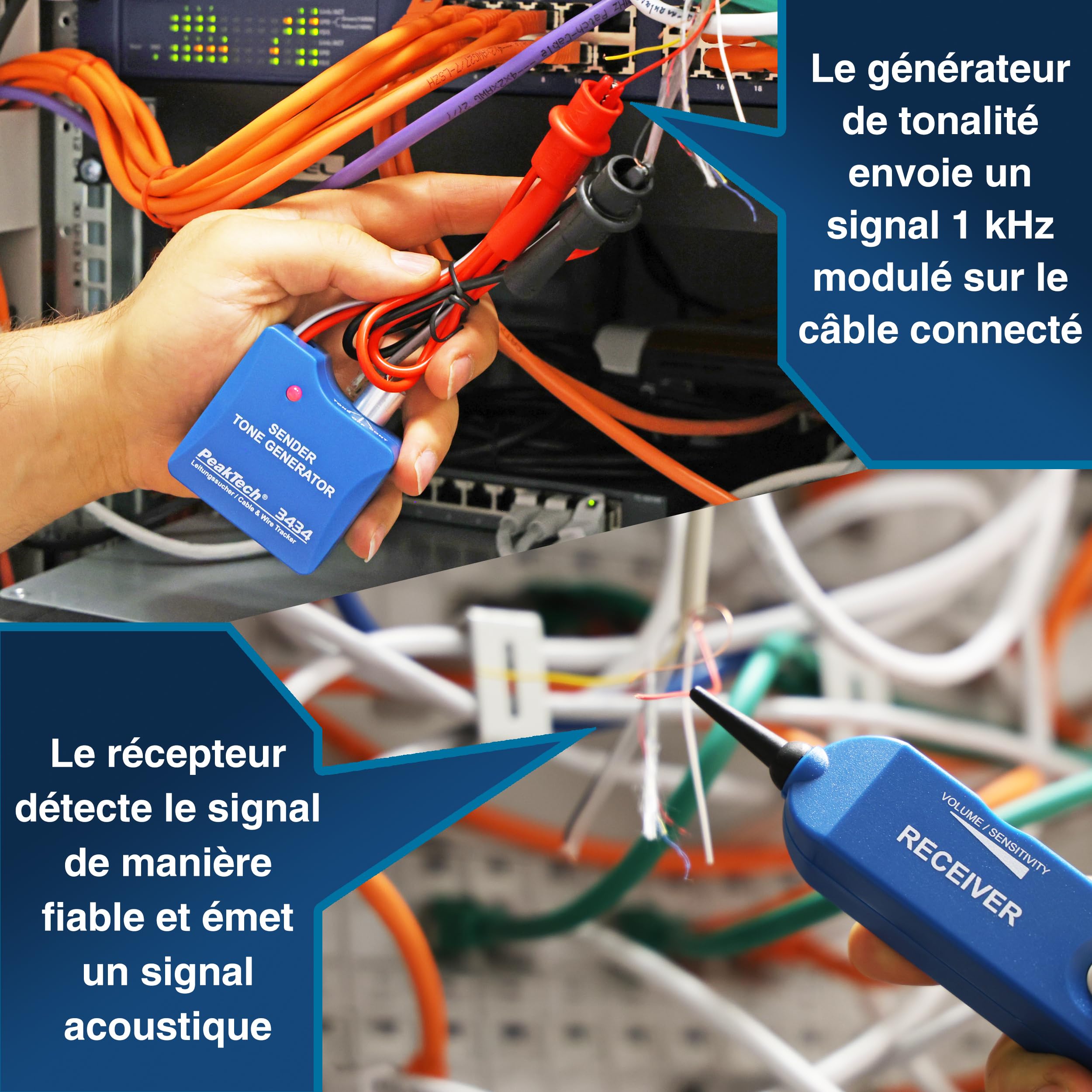 PeakTech 3434 Détecteur de câbles pour lignes & câbles téléphoniques [garantie de 3 ans] Détecteur de câbles avec testeur de continuité & signal sonore, pinces crocodile
