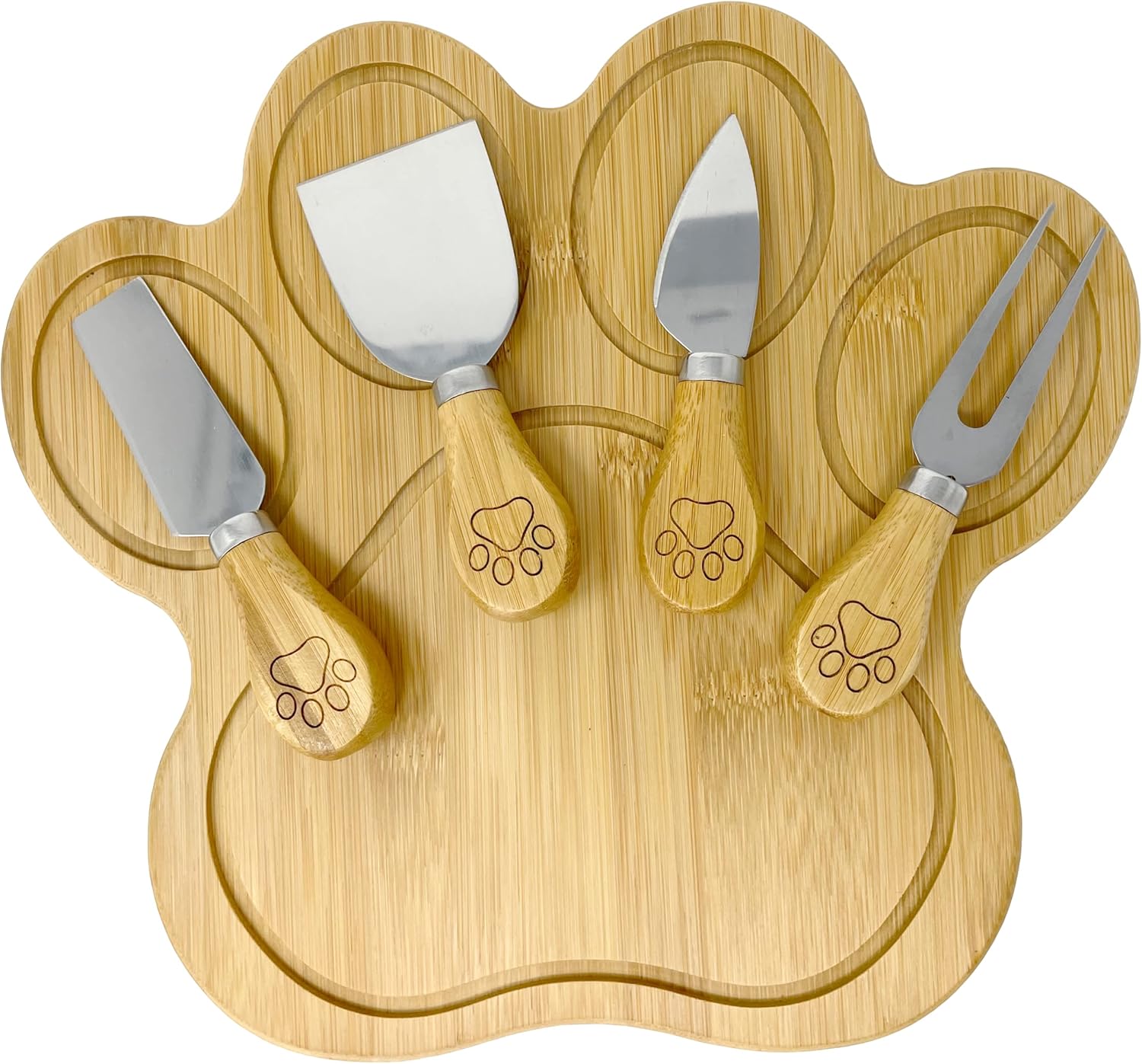 Pet Fit For Life - Paw Shaped Natural Bamboo Charcuterie Board - Wood Cutting Board/Cheese Board Set with 4 Matching Spreaders - Unique Gift Set For Any Occasion