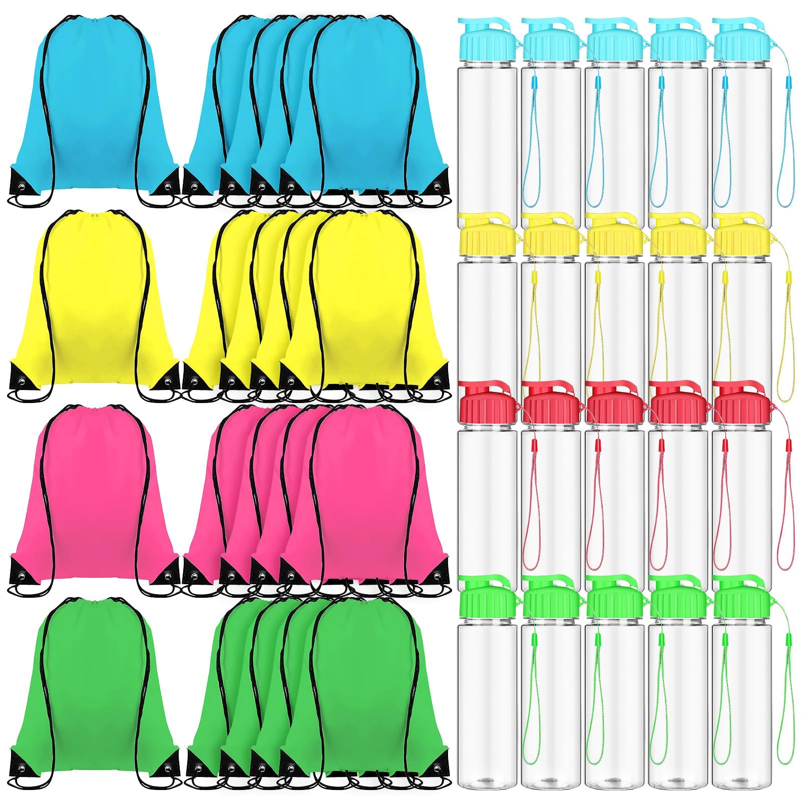 LYCN Set di 40 bottiglie in plastica e sacca da palestra – 500 ml bottiglie sportive con coperchio pieghevole e sacchetto con coulisse, set riutilizzabile per sport, fitness, campeggio, viaggi, feste