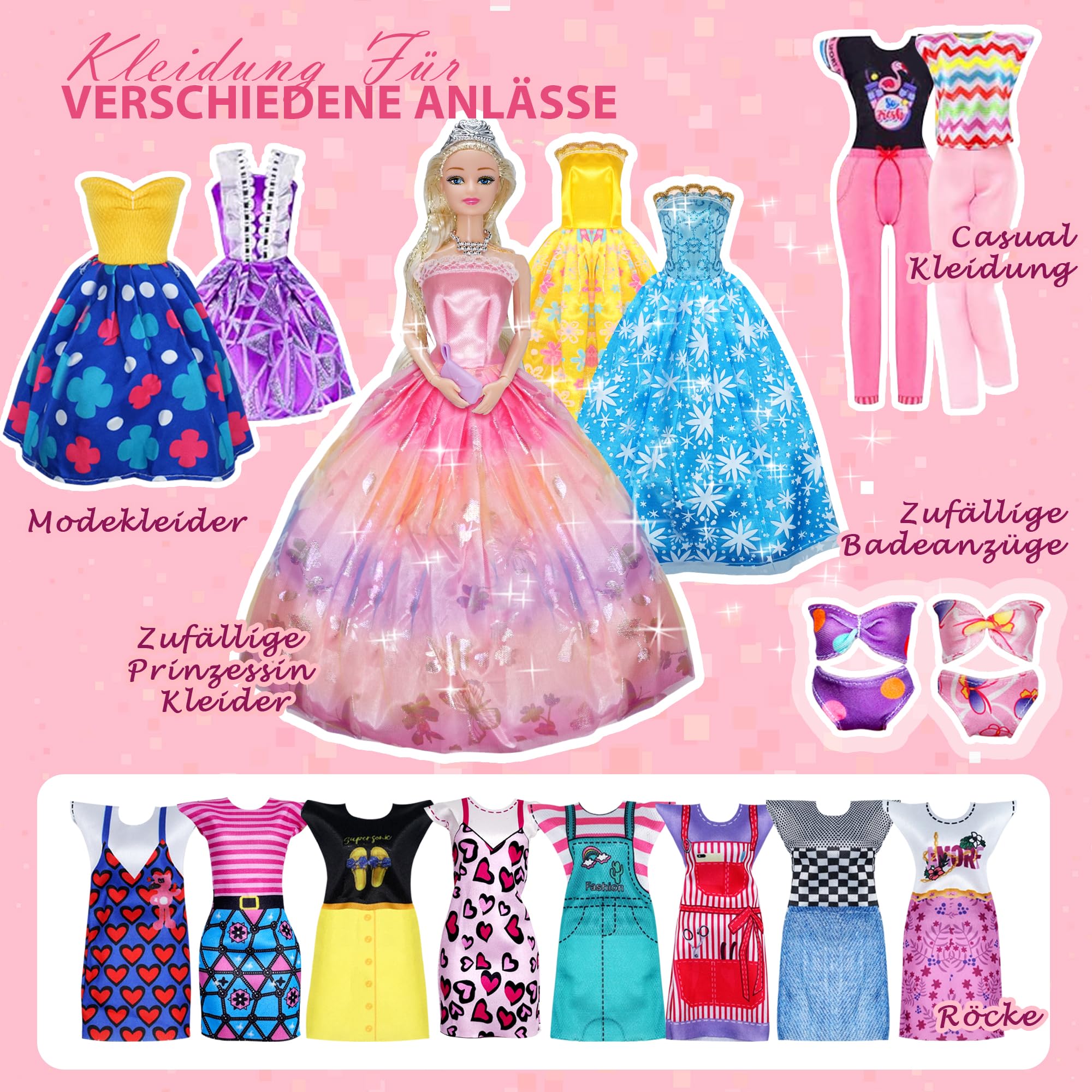 Sidola Doll Closet Kleidung und Accessoires - 135-teilig mit Stauraum für Puppen, Kleiderschrank-Set, Prinzessinnen-Fashion-Pack mit Brautkleid/Dress/Highheels/Kleidung
