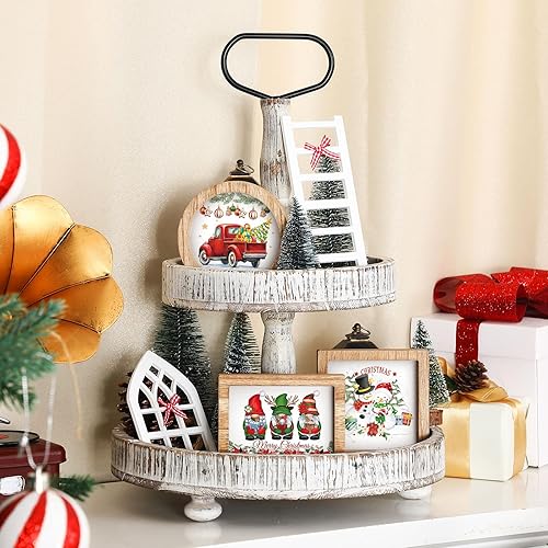 Miniatura 4 de Bencailor Juego de 48 piezas intercambiables de decoración de bandejas escalonadas de temporada, incluye marcos de madera con escaleras, tarjetas,