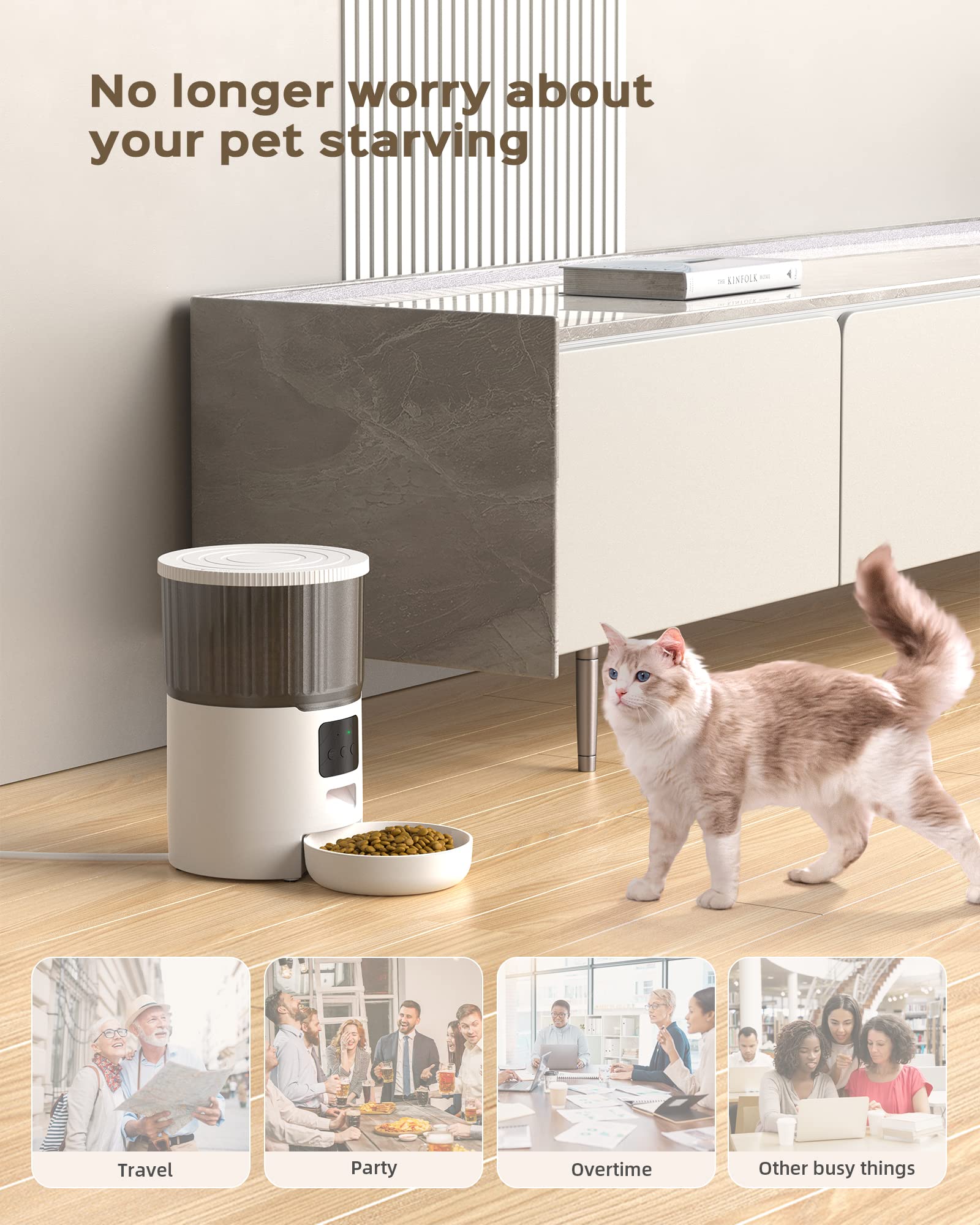 UIOOQ Distributore Automatico Cibo Gatti Cani WiFi, 4L Distributore di Crocchette per Animali Domestici con 10S Registrazione,Orari di Mangiatoia Personalizzati,Coperture di Chiusura Ruotabile