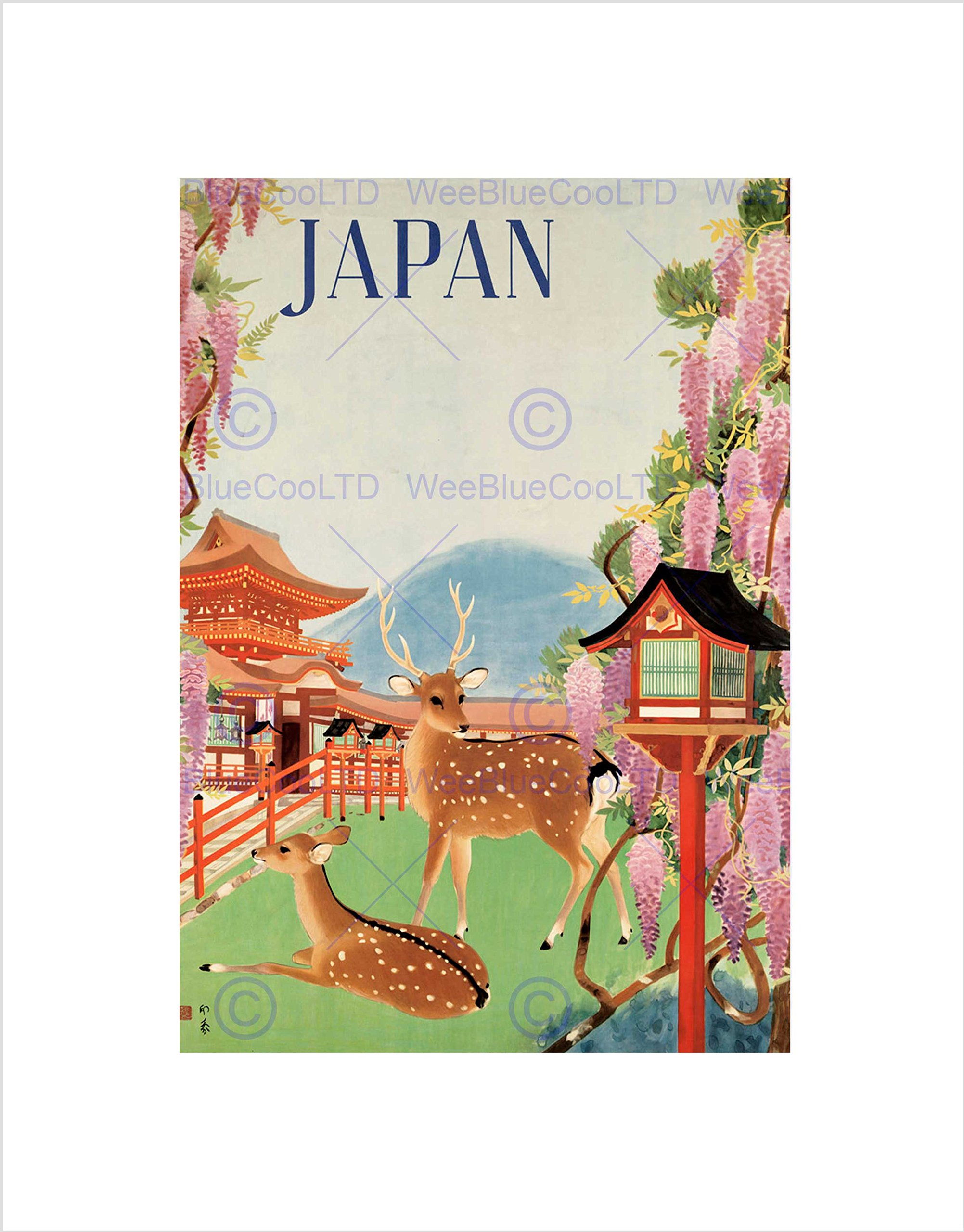 Wee Blue Coo Travel Japan Deer Blossom Pagoda Temple Mountain Lantern Wall Art Print