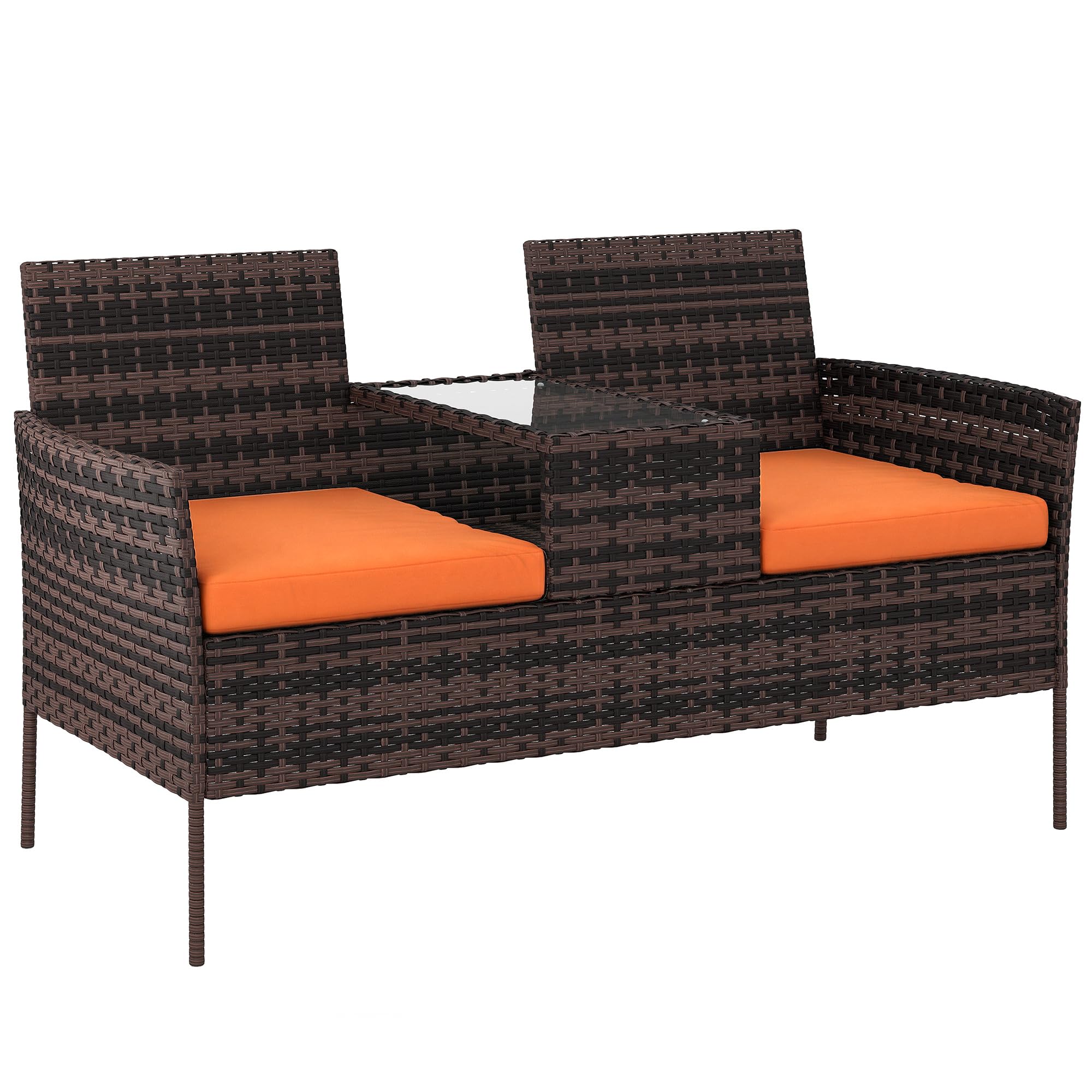 Outsunny Brown/Orange Rattan Garden Bench W/ Glass Tea Table, Wicker Chair W/ Cushions - 1 - 2 Seat Chair With Table