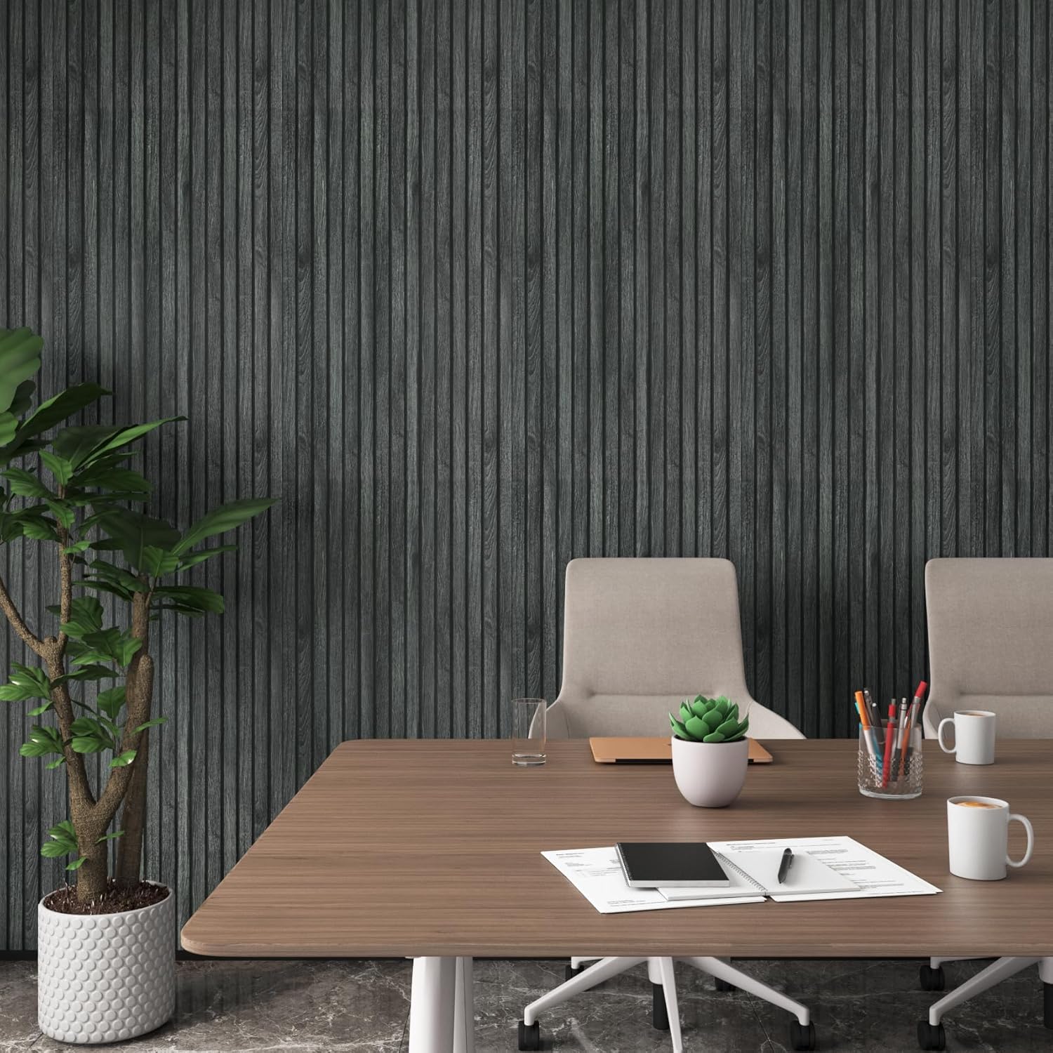 YENHOME 30"X118" Wood Slat Wallpaper Peel and Stick Wood Slat Wall Panel Waterproof Natural 3D Removable Wall Paper Black Contact Paper for Cabinets Shelves Vinyl Wrap for Countertops Furniture Walls