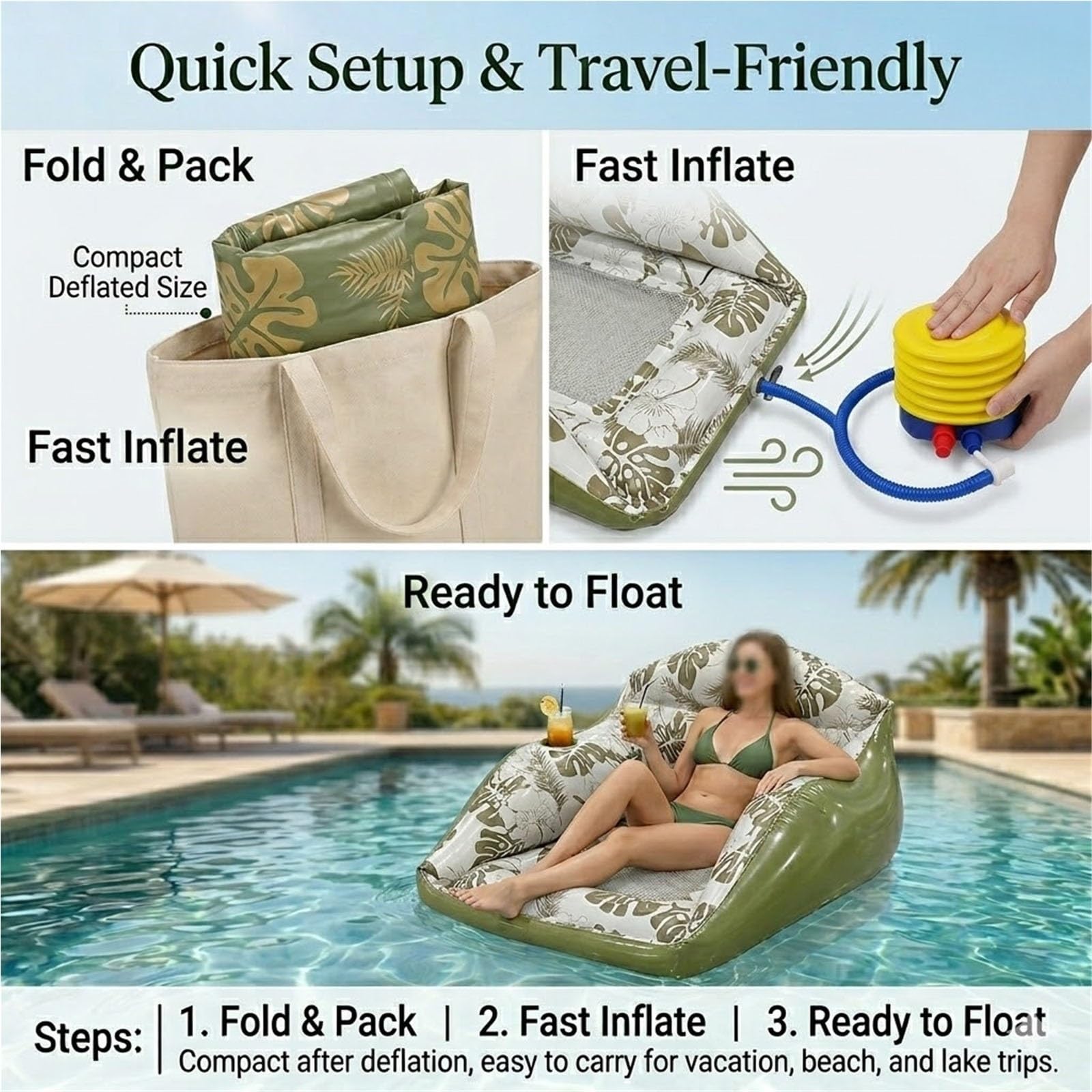 Chaise Longue De Piscine Gonflable 3 en 1, Hamac d'eau for Adultes, Flotteur avec Siège en Maille, Porte-gobelet, Robuste avec Pompe À Air, for Plage du Lac