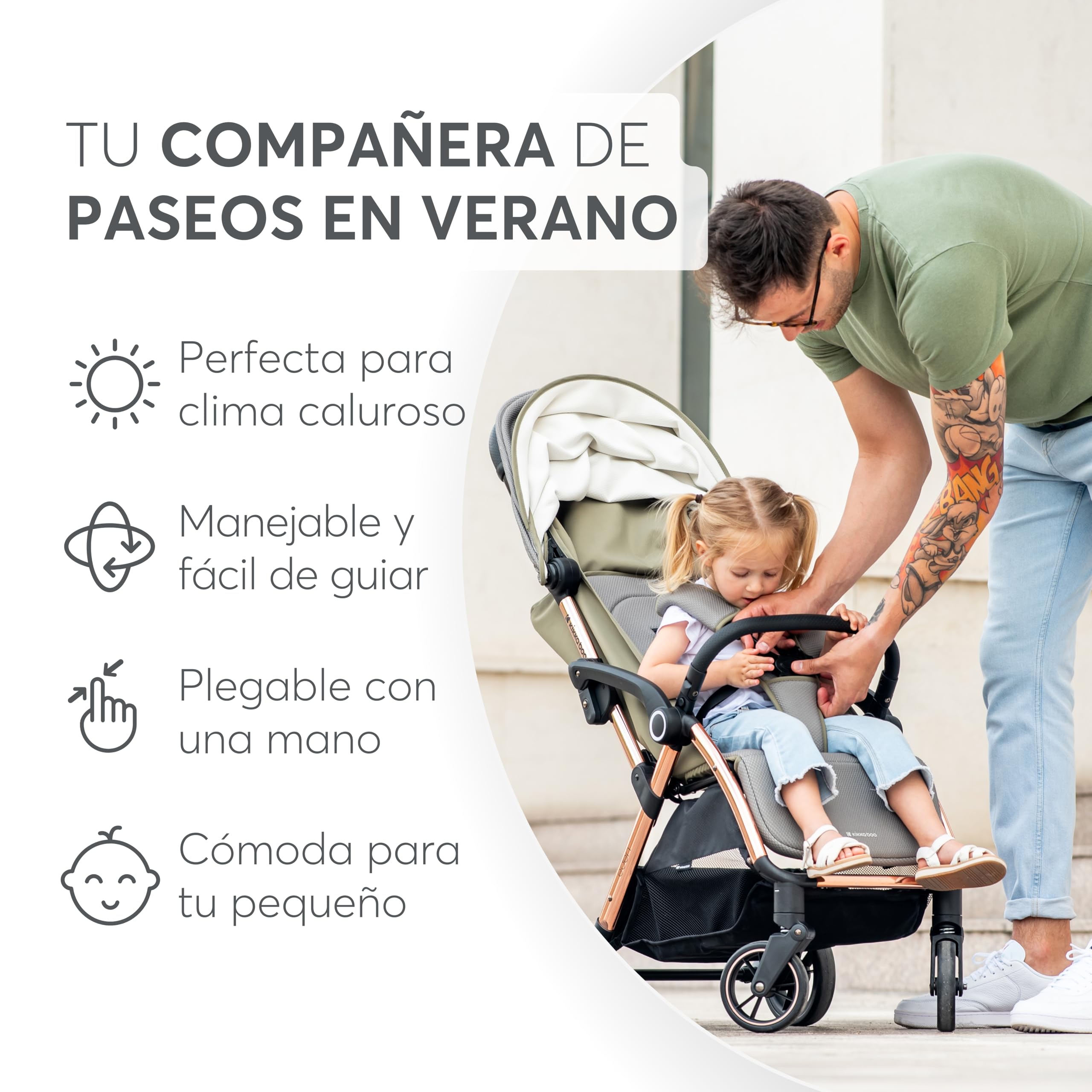 KikkaBoo Silla de Paseo EDEN, Carrito Bebé hasta 22 kg, Plegado Automático, Posición Reclinada, Superligero, Compacto, Beige