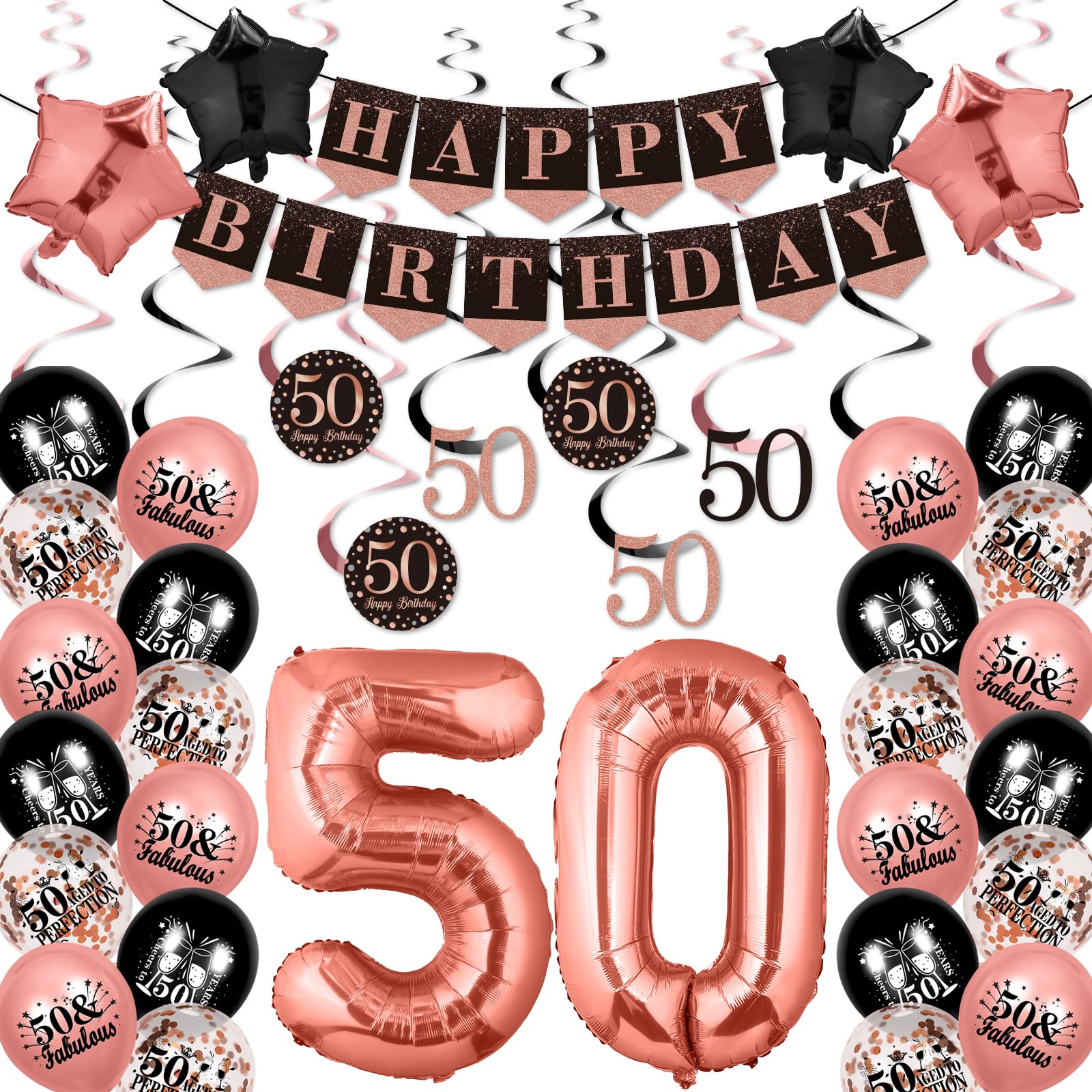 50th Birthday Decorations Black Rose Gold 50th Birthday Banner with Happy Birthday Balloons Hanging Swirls for Women Men 50 Years Old Birthday
