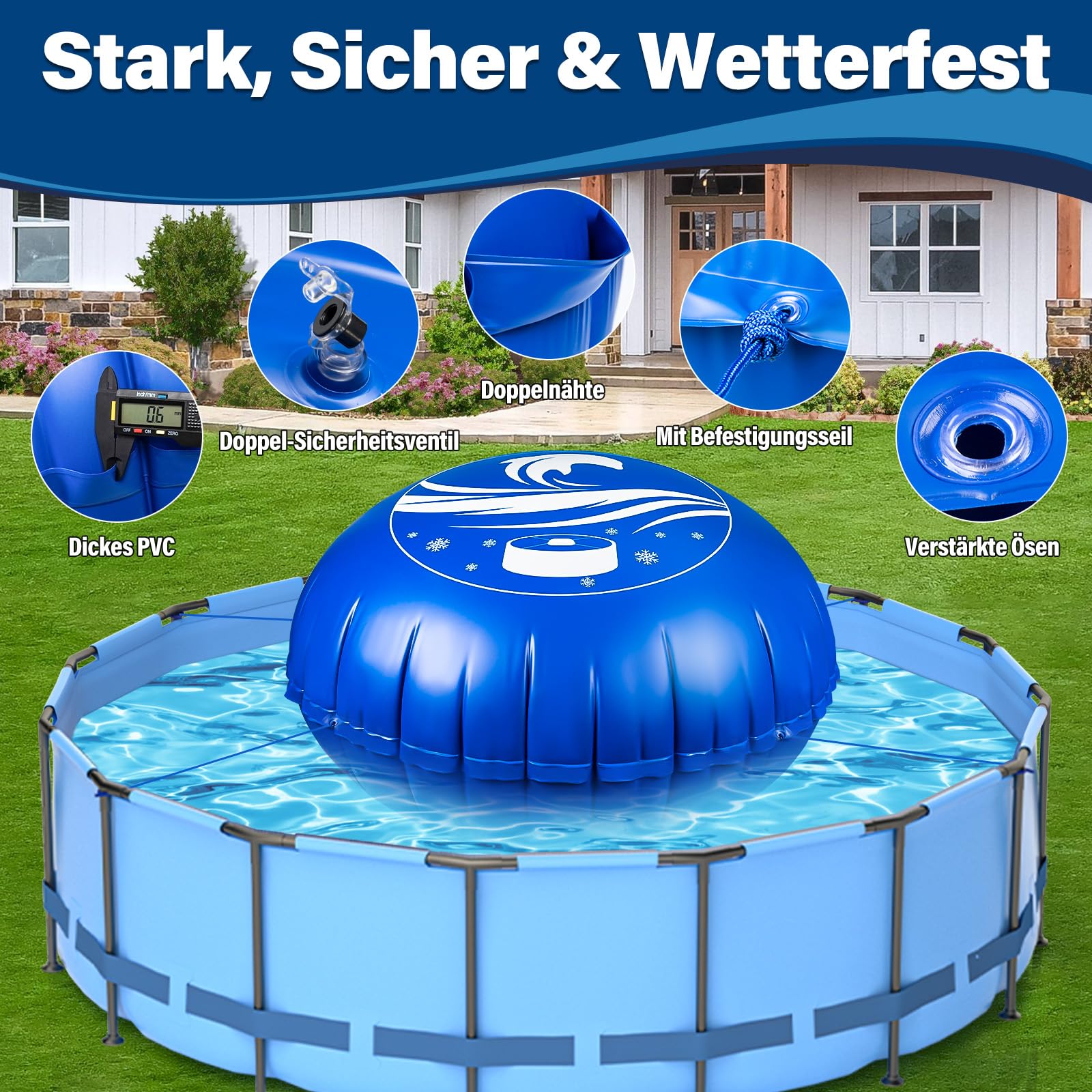 Poolkissen Winter Ø3,6m XXXL Luftkissen für Pool, mit Doppelnaht, 20m Seil, aufblasbares Überwinterungskissen für Poolabdeckung, Zubehör für Frost- und Wetterschutz